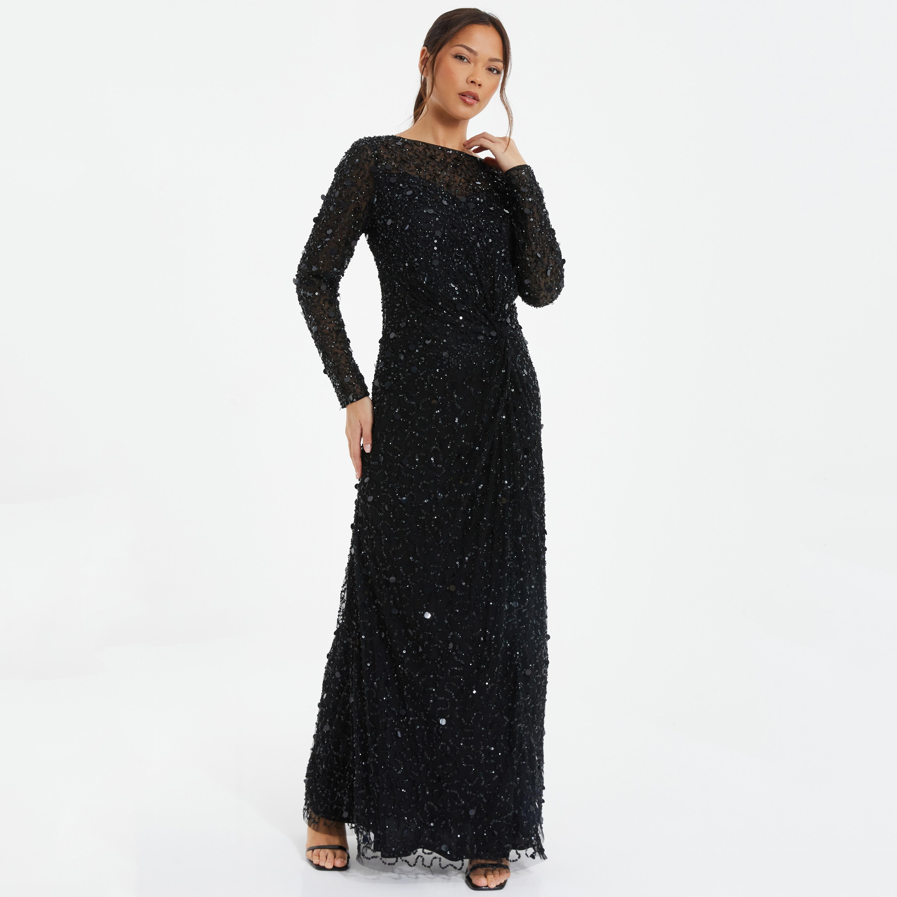 فستان ماكسي برقبة دائرية مع مزين بالترتر من كويز-women-clothing-dresses-image-1