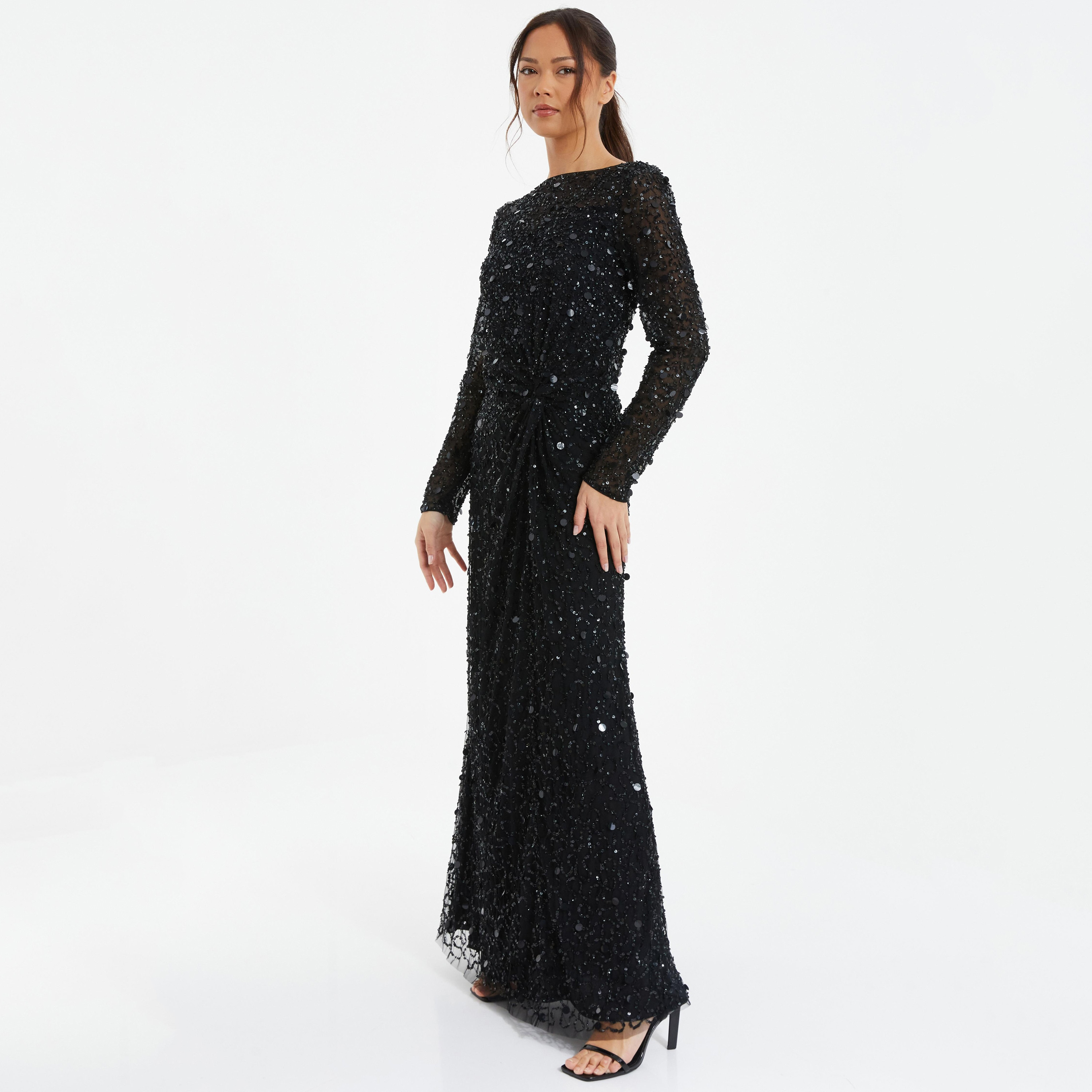 فستان ماكسي برقبة دائرية مع مزين بالترتر من كويز-women-clothing-dresses-image-2