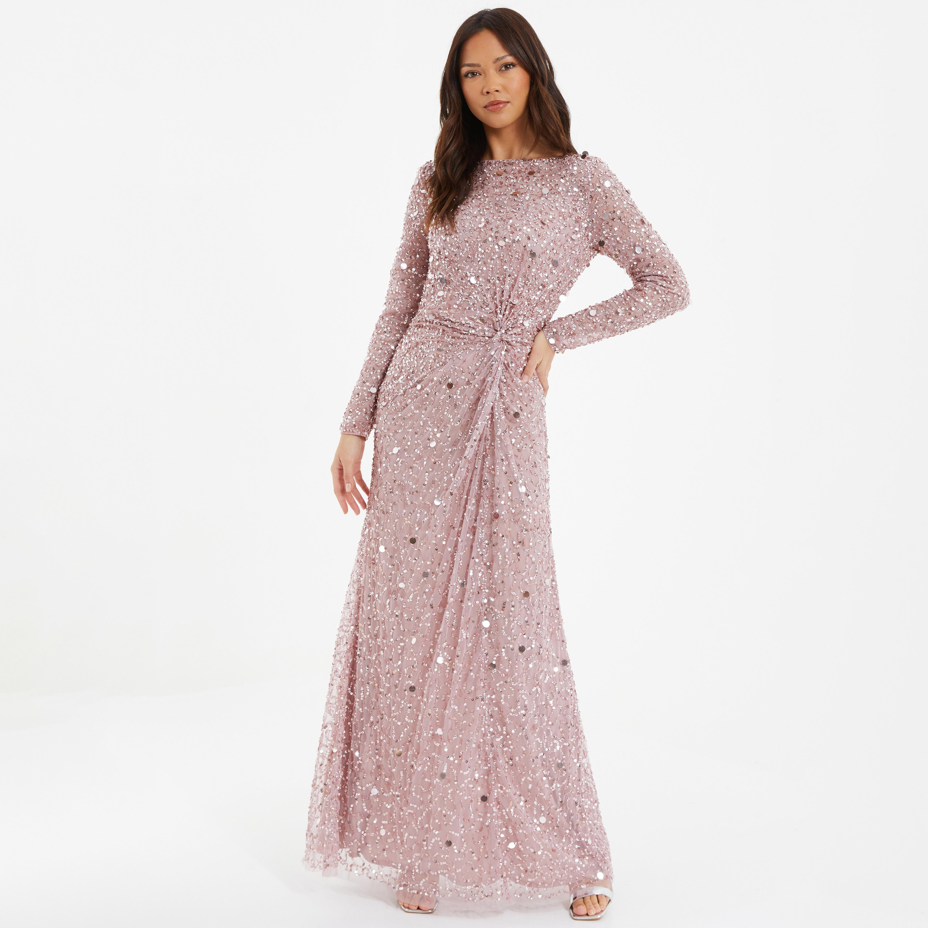 فستان ماكسي مزين بسيكونس ومنمق بياقة قارب من كويز-women-clothing-dresses-image-1