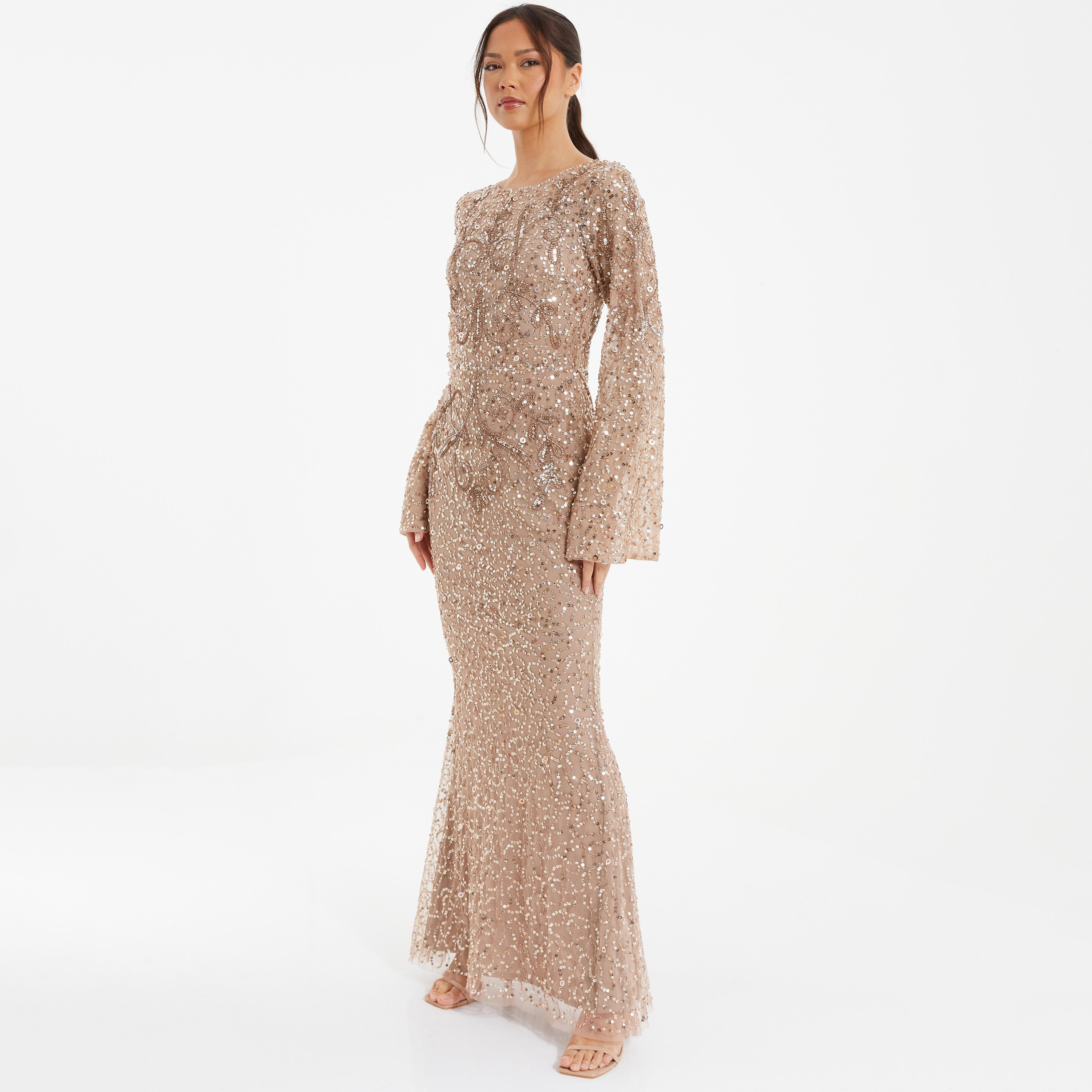 فستان ماكسي مزين بسيكونس ومنمق بياقة دائرية من كويز-women-clothing-dresses-image-2
