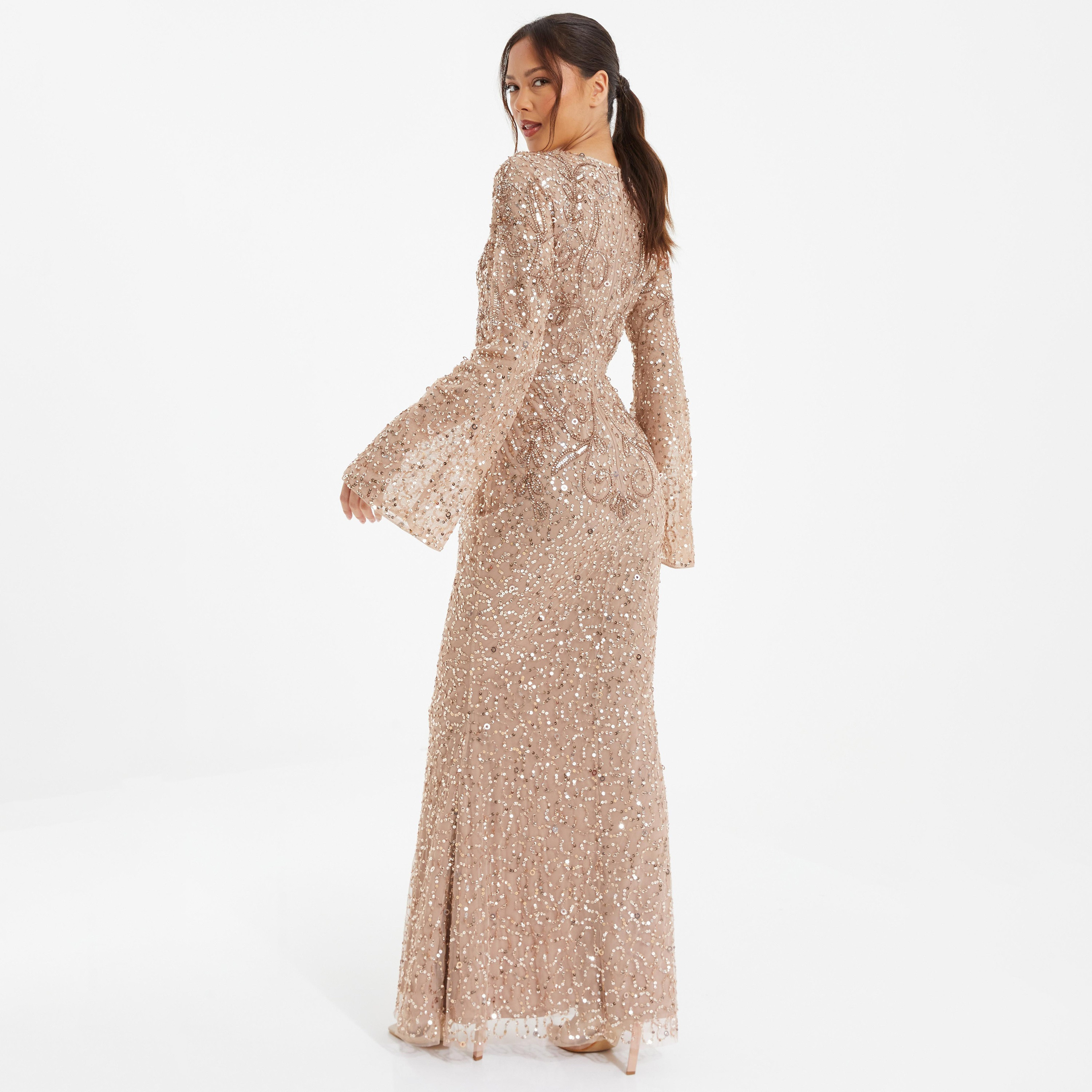 فستان ماكسي مزين بسيكونس ومنمق بياقة دائرية من كويز-women-clothing-dresses-image-4