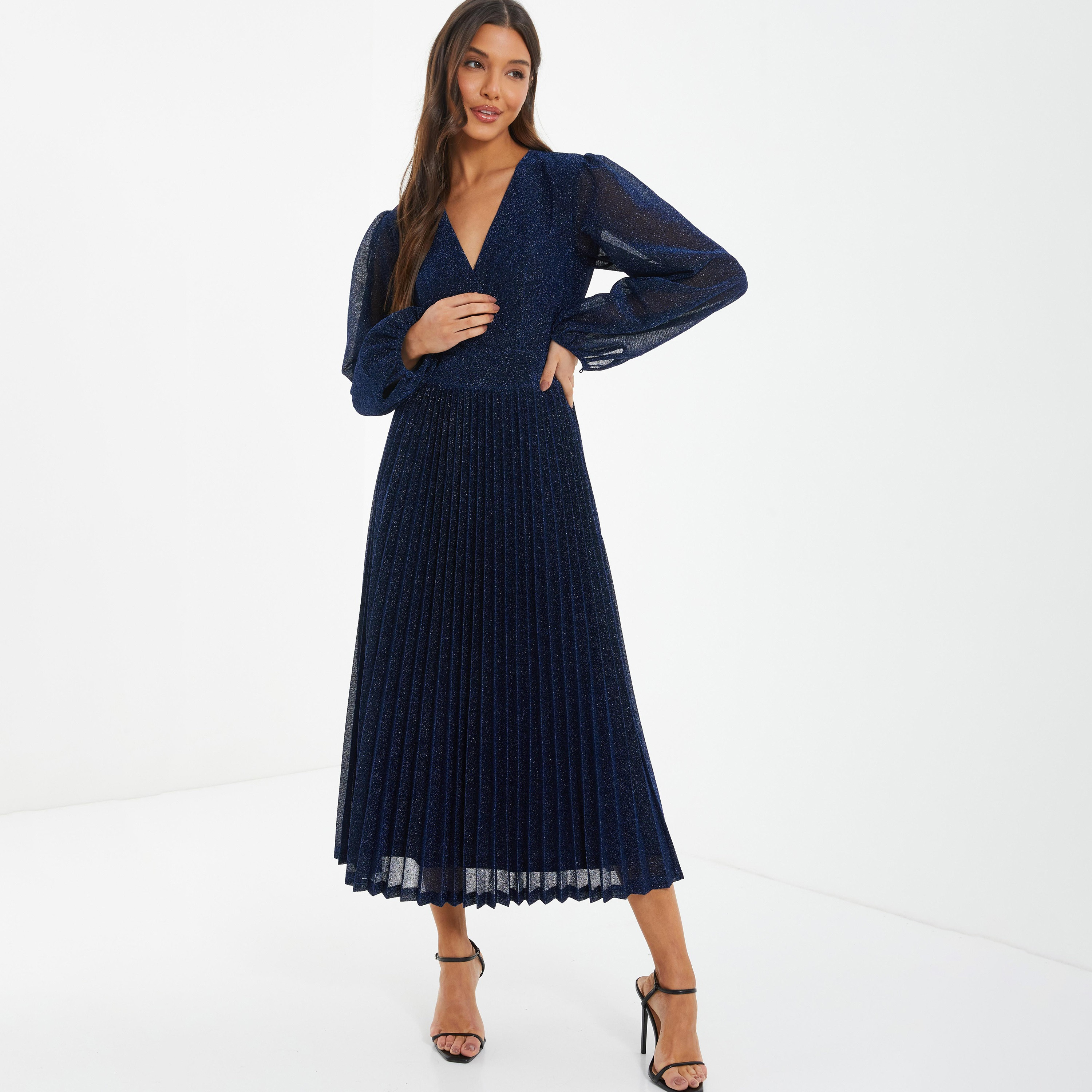 Quiz Metallic V-Neck Pleated Midi Dress-women-clothing-dresses-image-1