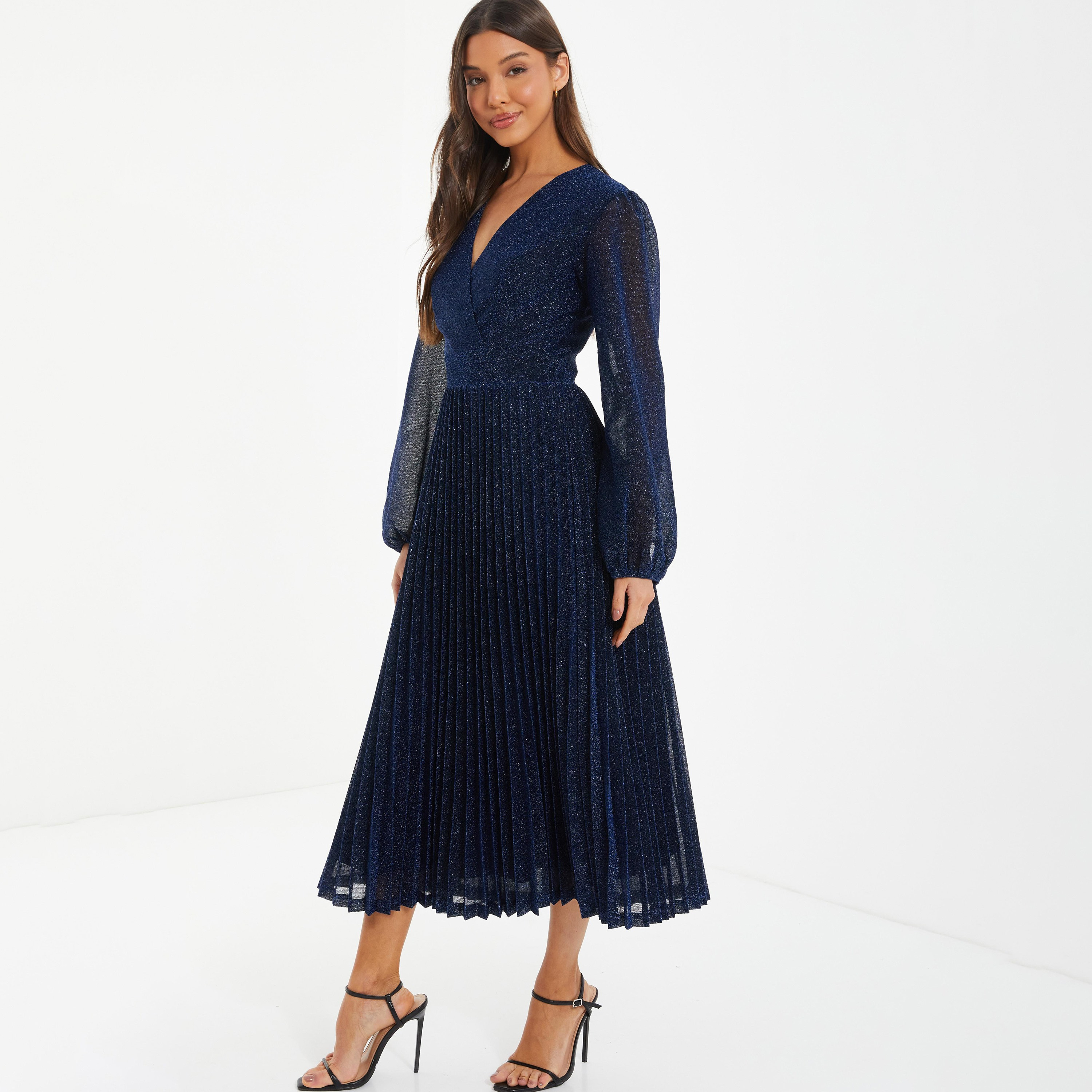 Quiz Metallic V-Neck Pleated Midi Dress-women-clothing-dresses-image-2