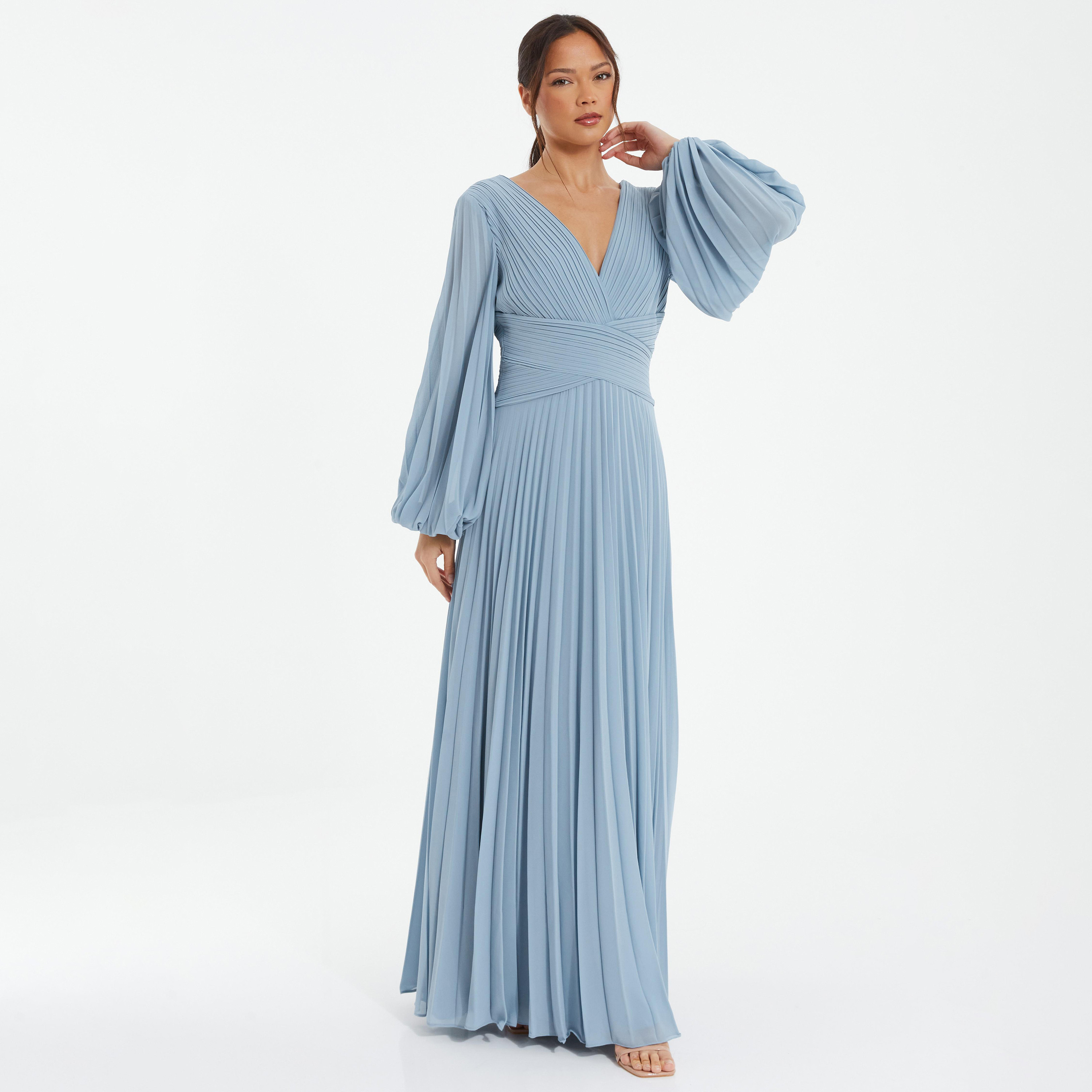 Quiz Plain V-Neck Pleated Maxi Dress-women-clothing-dresses-image-1