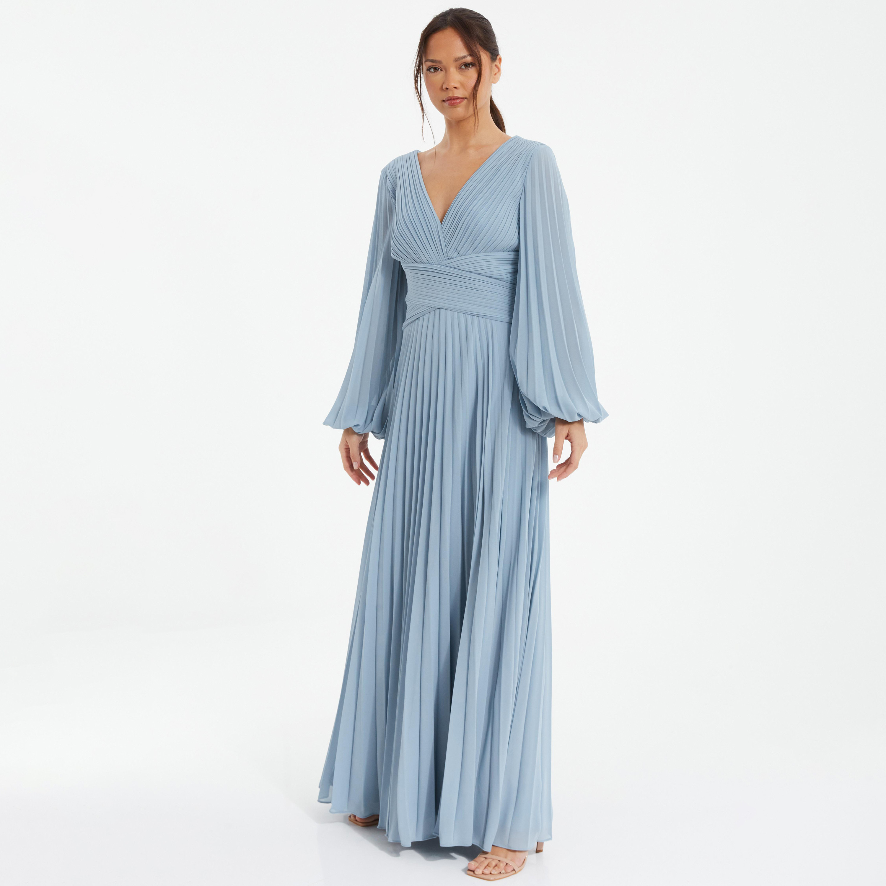 Quiz Plain V-Neck Pleated Maxi Dress-women-clothing-dresses-image-2