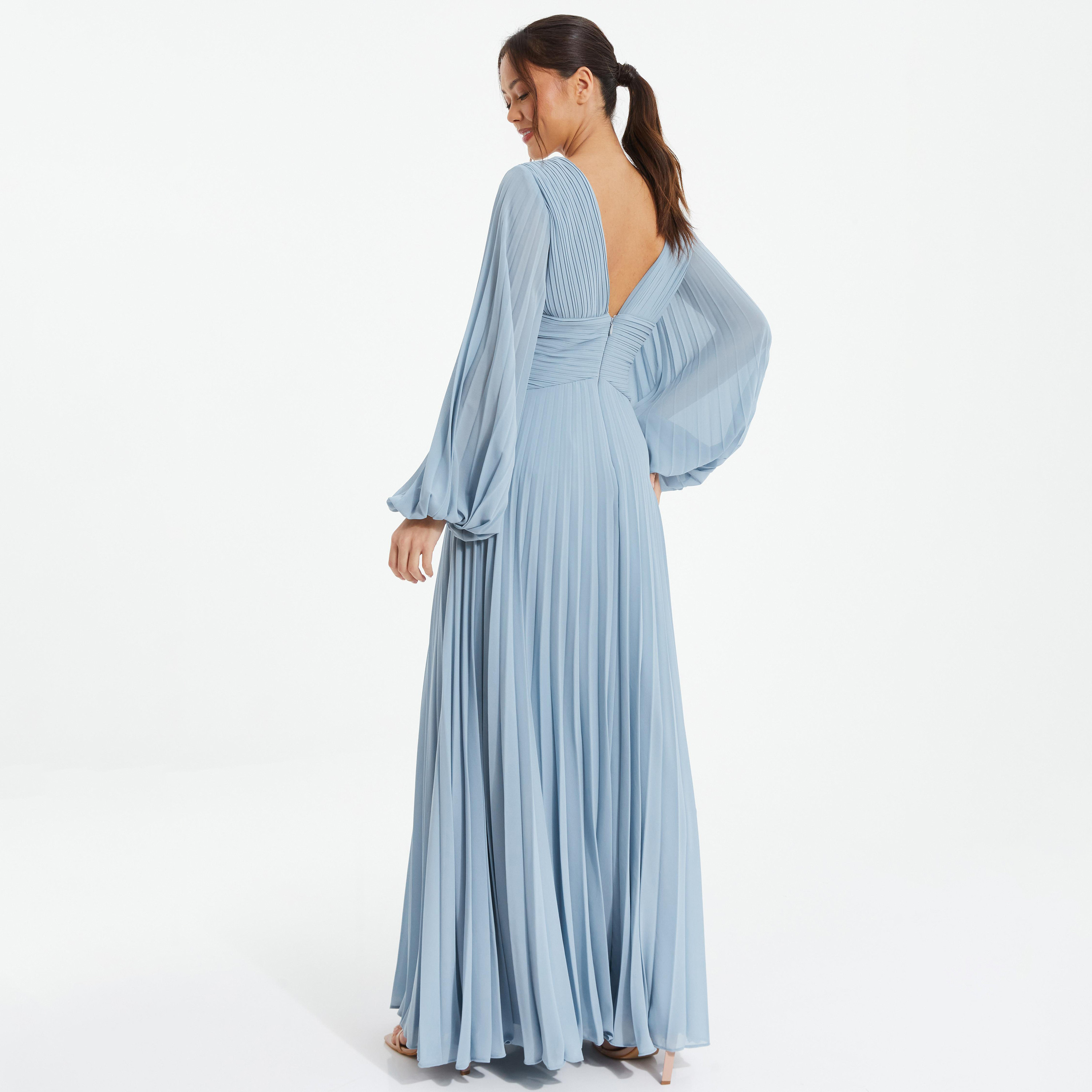 Quiz Plain V-Neck Pleated Maxi Dress-women-clothing-dresses-image-4