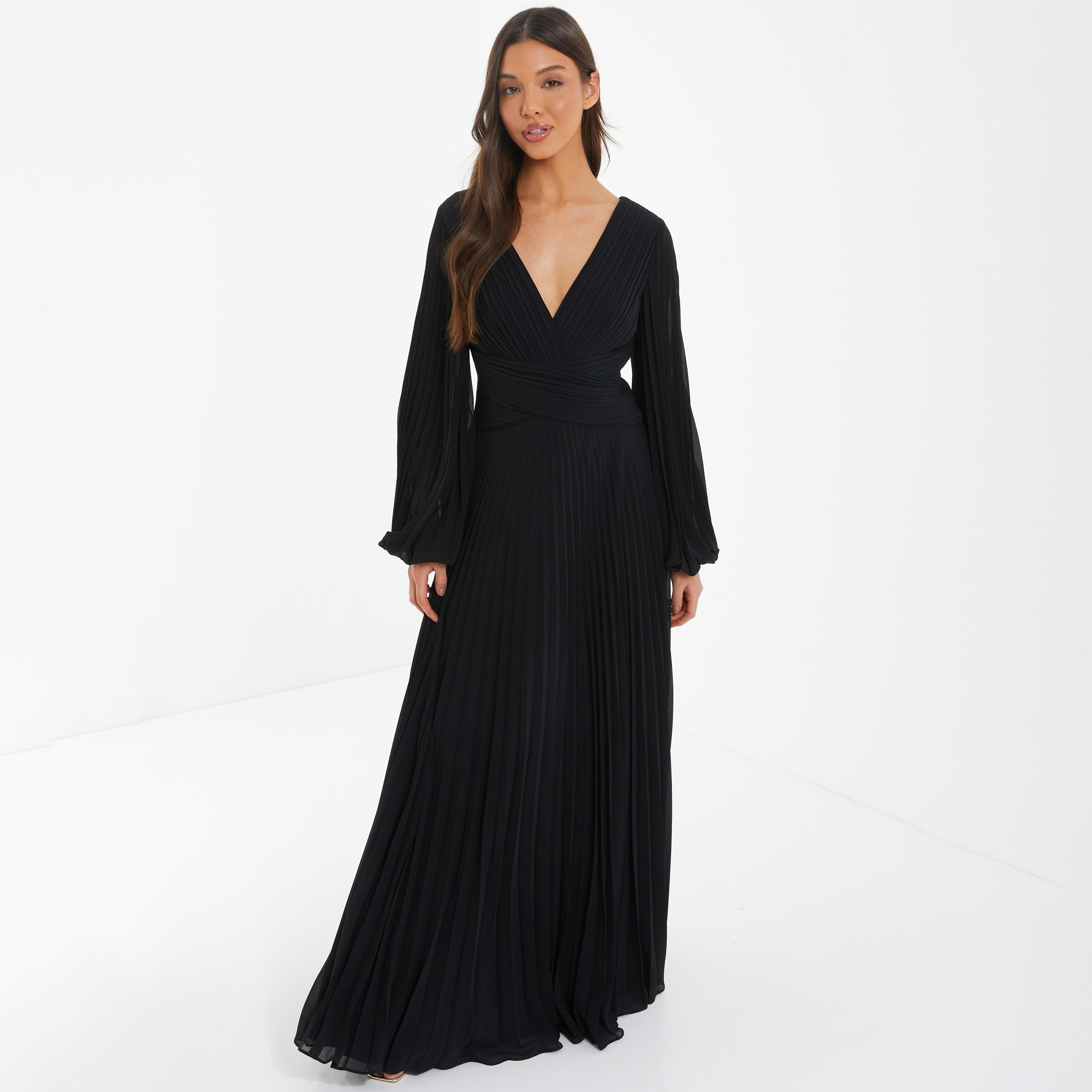 فستان ماكسي سادة بطيات مع رقبة بلانج من كويز-women-clothing-dresses-image-1