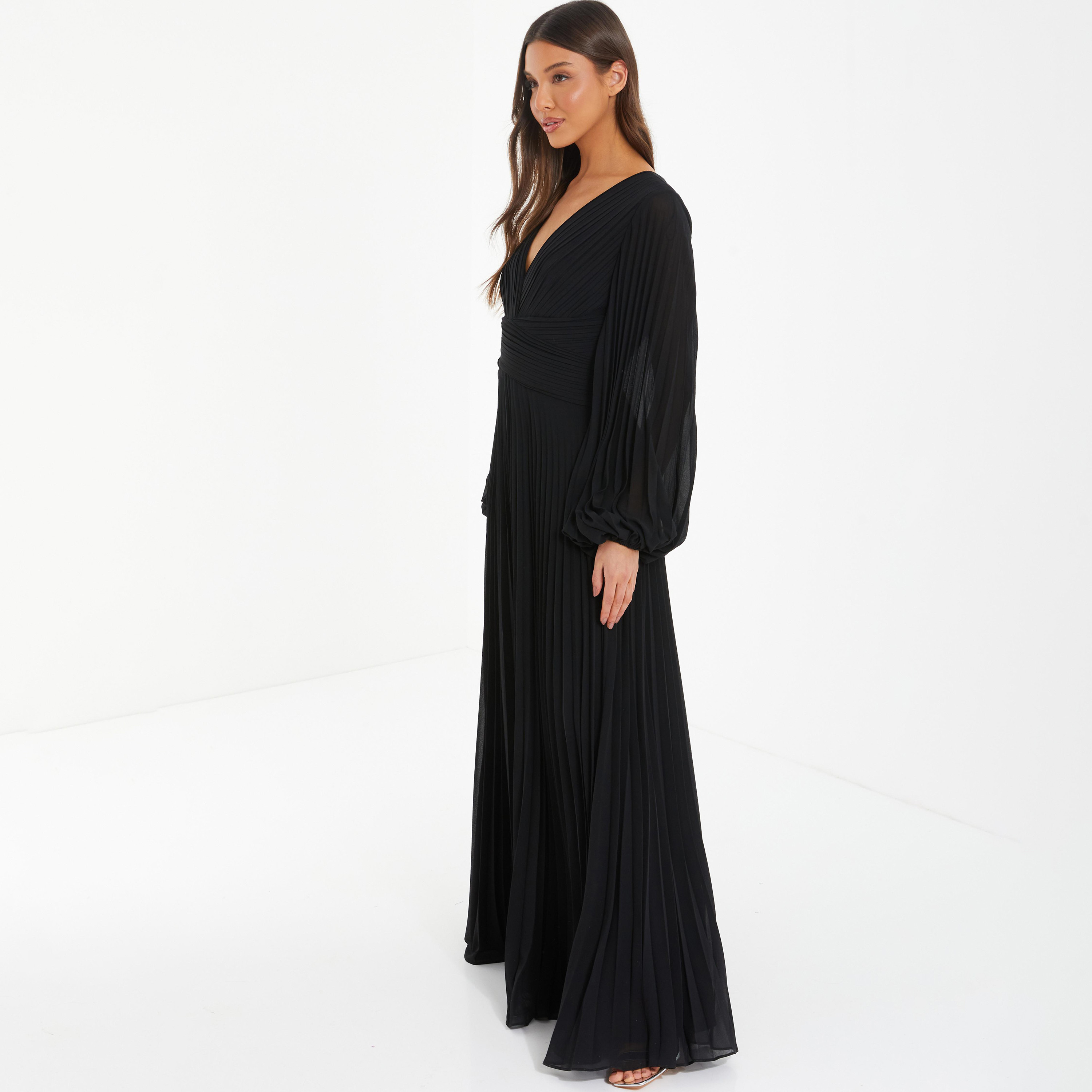 Quiz Plain Plunge Neck Pleated Maxi Dress-women-clothing-dresses-image-2
