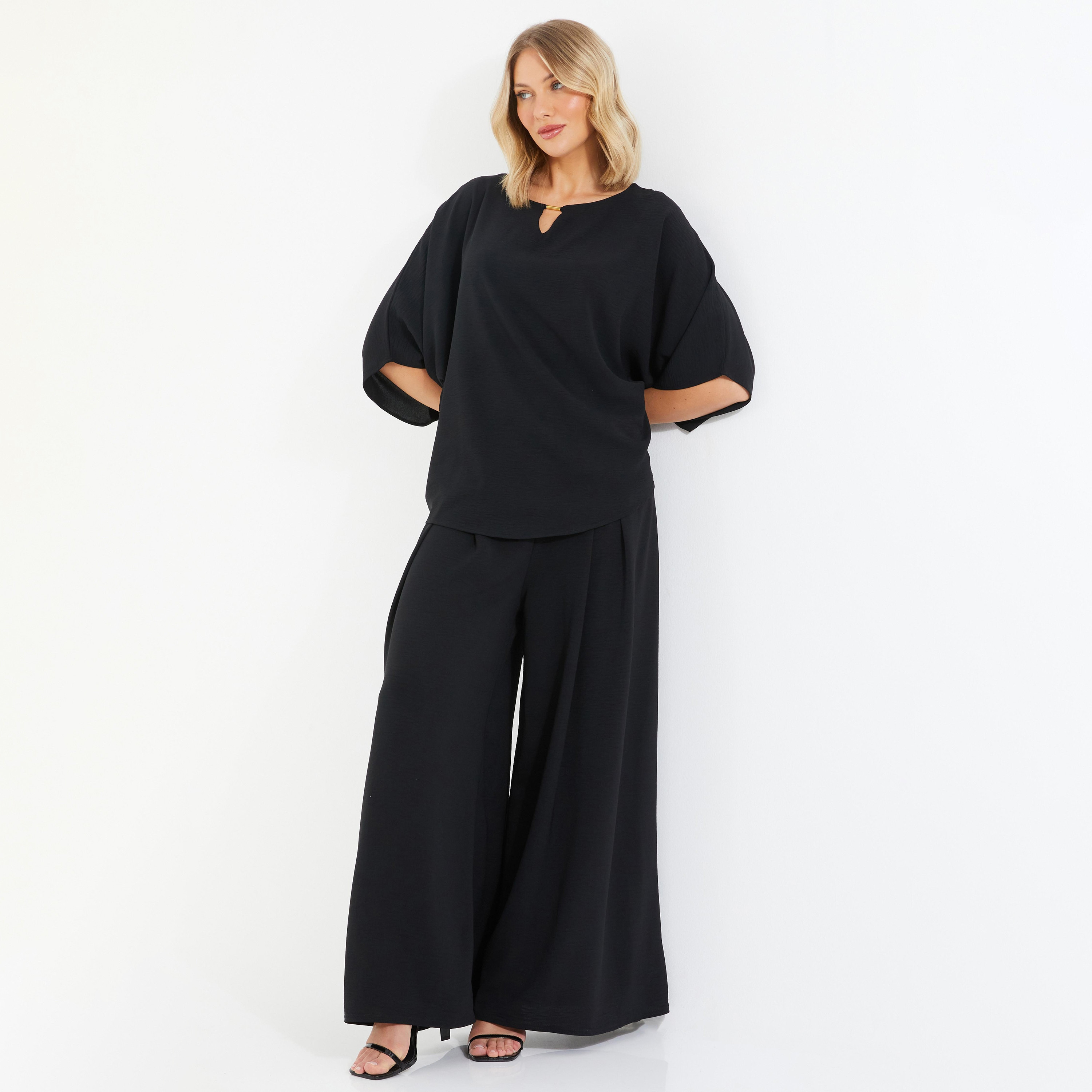 بنطلون سادة واسع الساق بخصر مرتفع من كويز -women-clothing-bottoms-trousers-image-2
