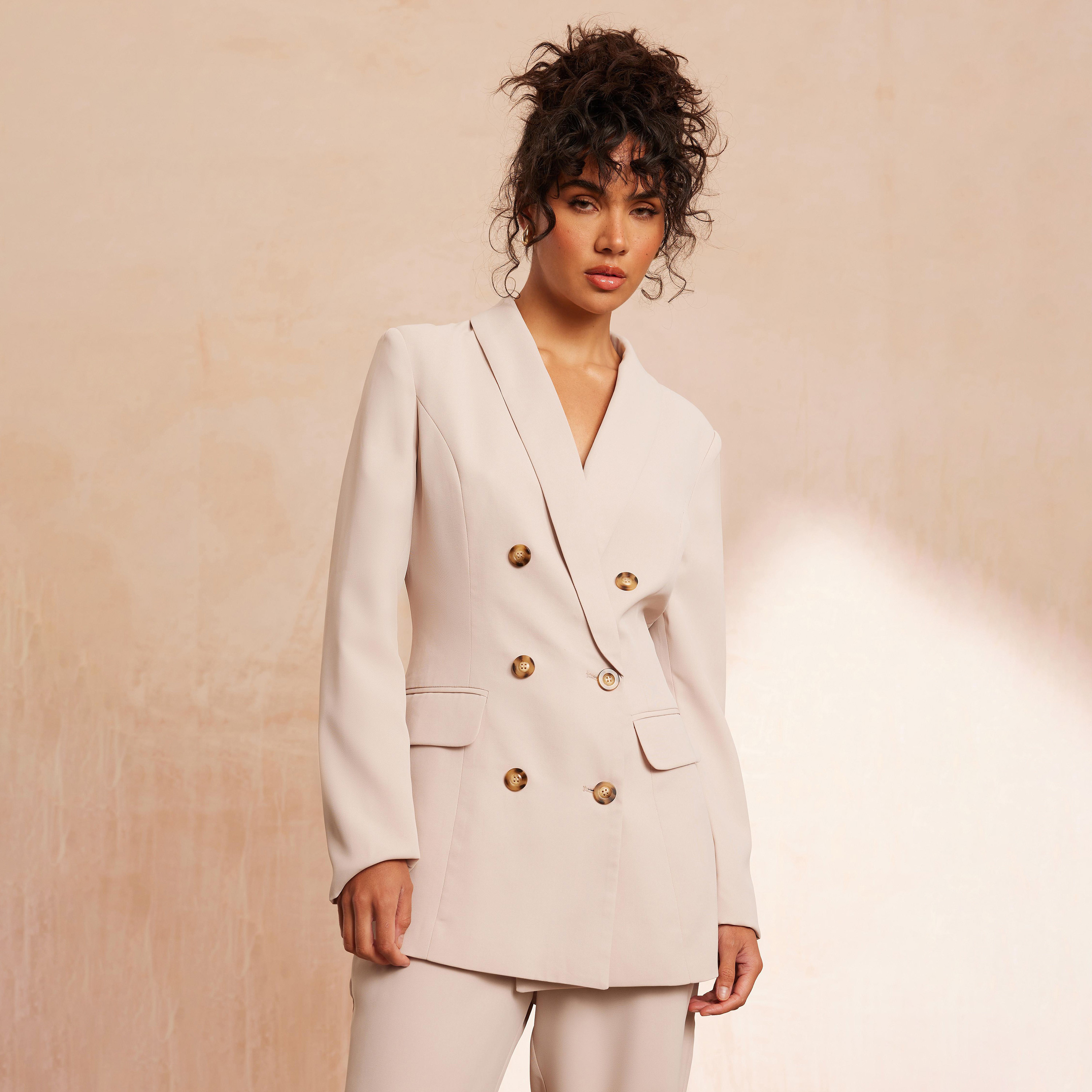 Quiz Plain Lapel Collar Double Breasted Blazer-women-clothing-coatsandjackets-blazers-image-1