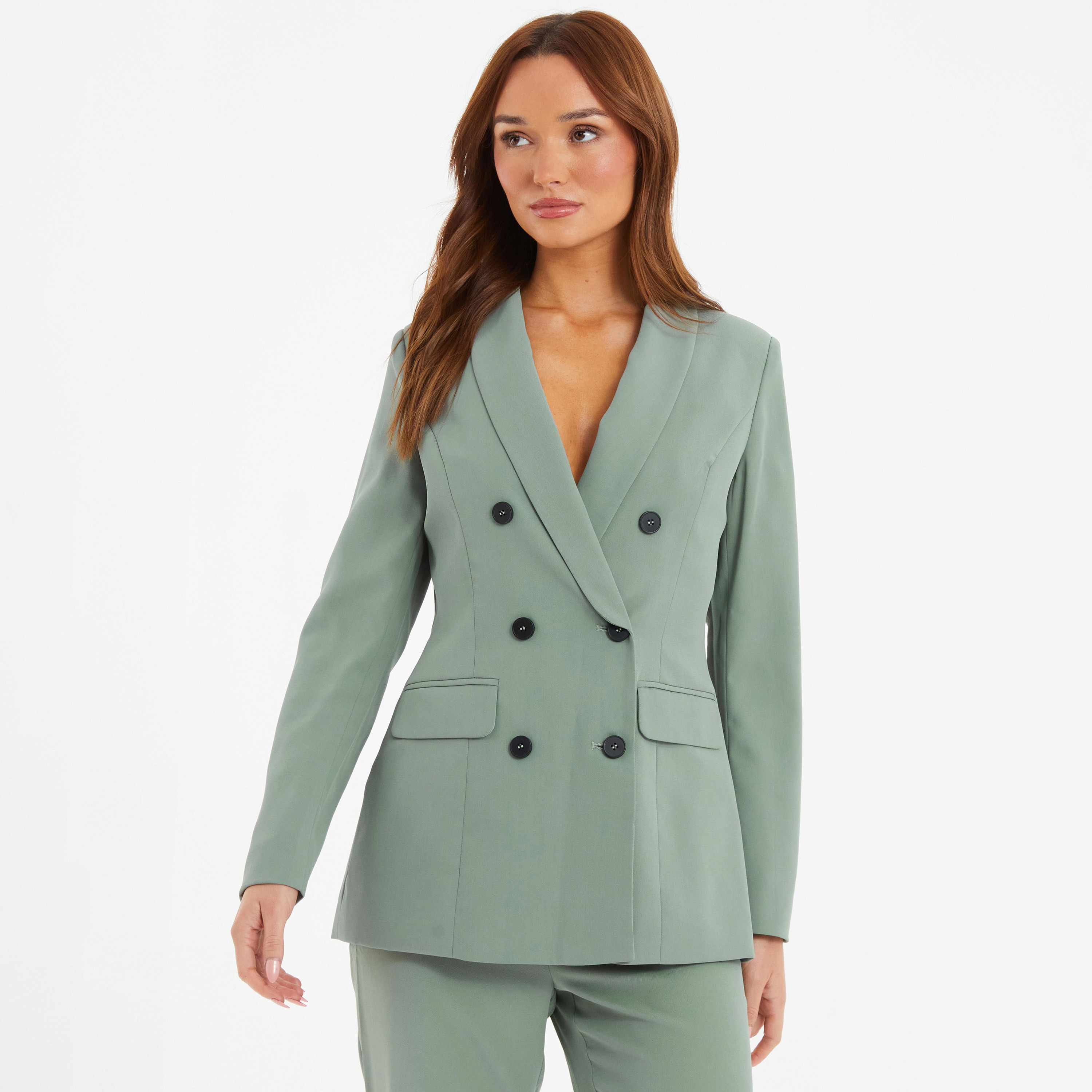 بليزر ذات طية صدر السترة مع ياقة مزدوجة سادة من كويز-women-clothing-coatsandjackets-blazers-image-4