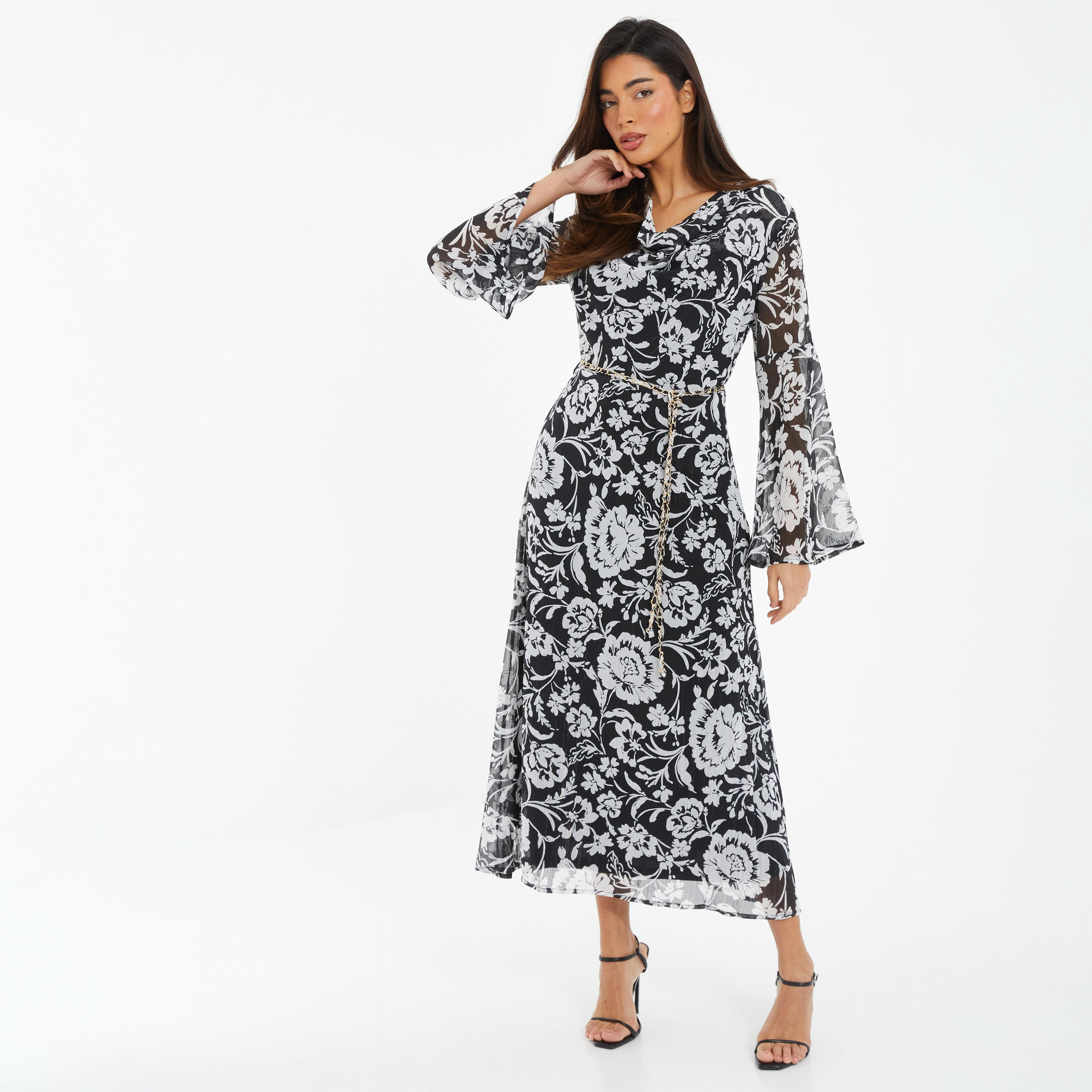 فستان متوسط الطول بياقة متدلية ونقشة زهور مع حزام على شكل سلسلة من كويز -women-clothing-dresses-image-1