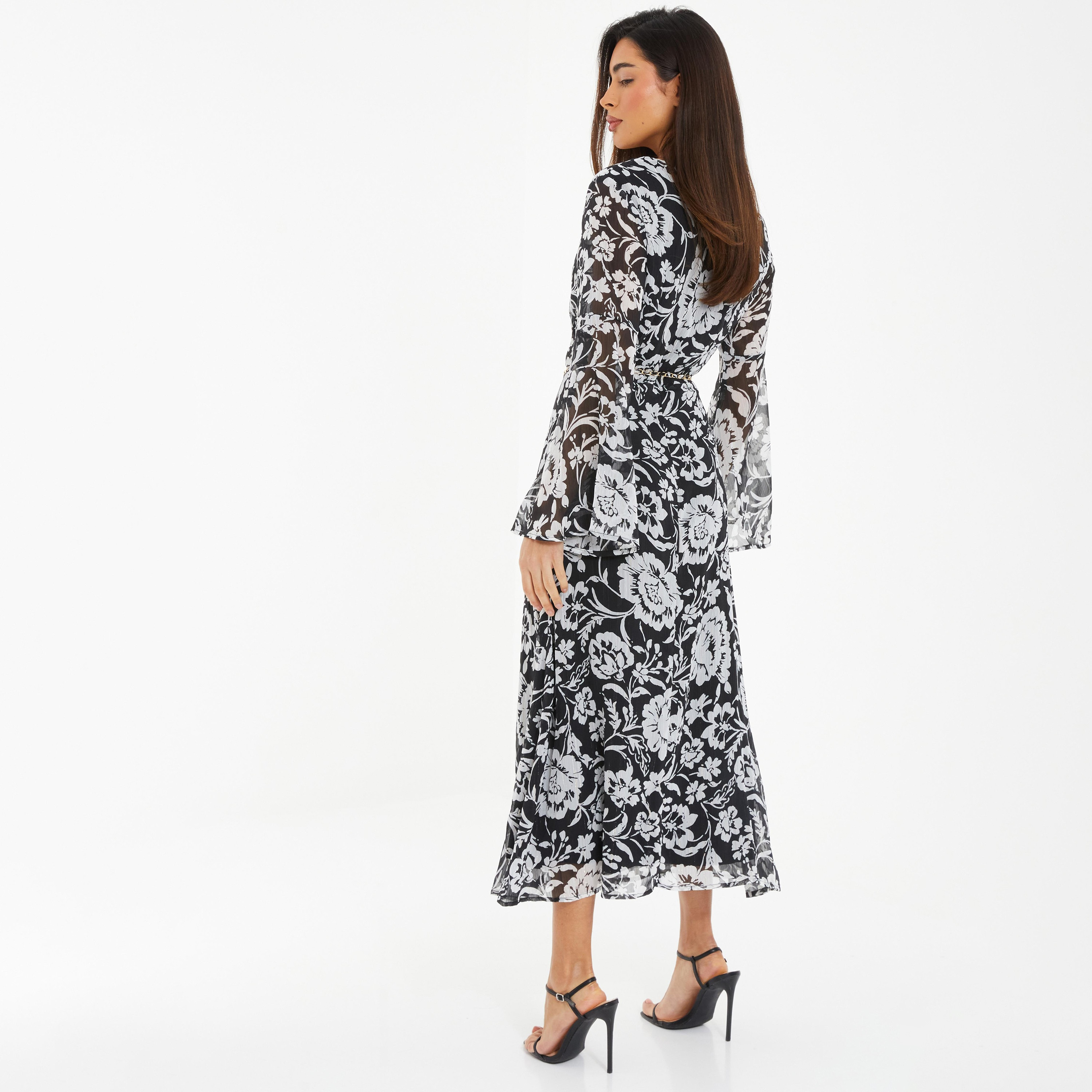 فستان متوسط الطول بياقة متدلية ونقشة زهور مع حزام على شكل سلسلة من كويز -women-clothing-dresses-image-4