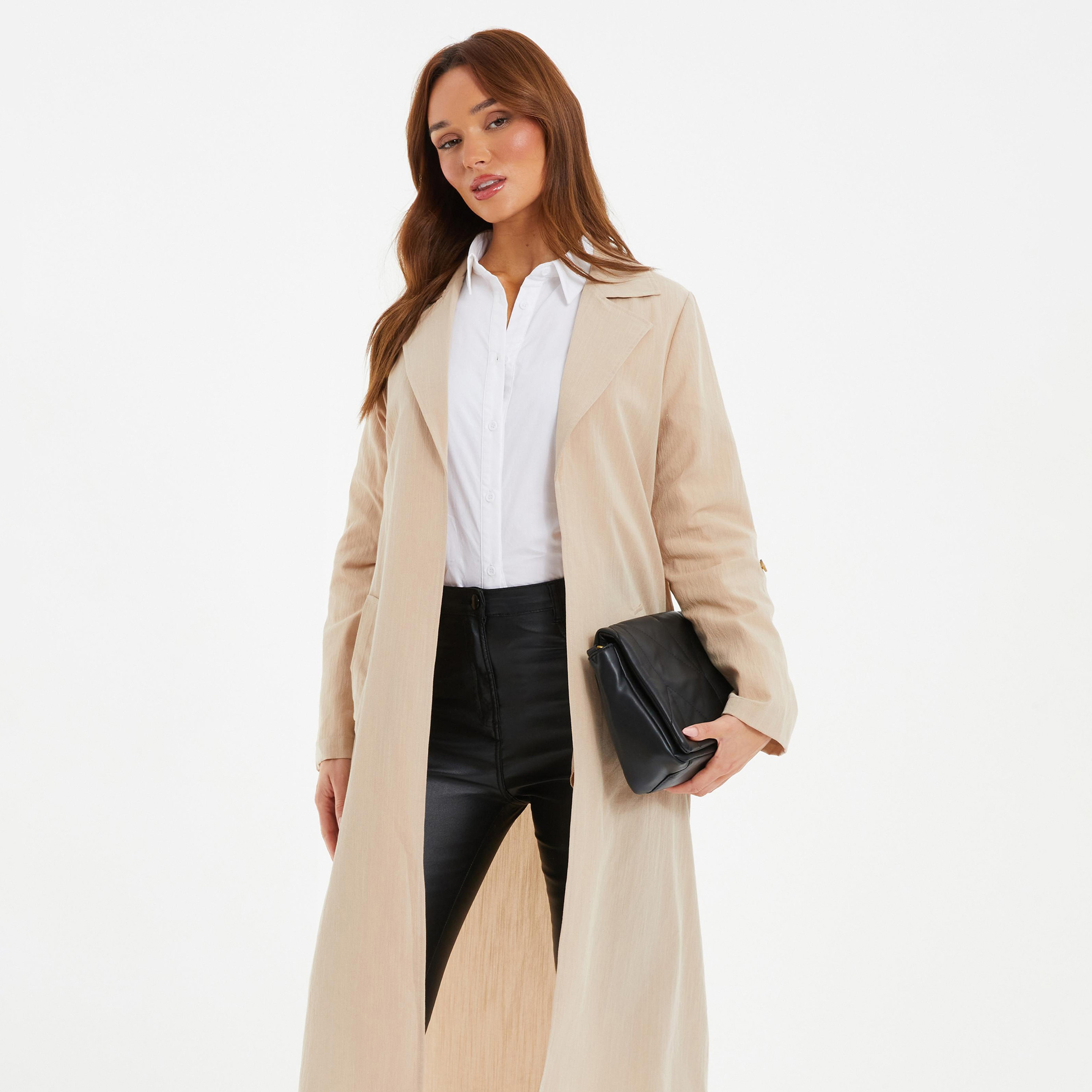 معطف واق من المطر بحزام وطية صدر مدببة من كويز -women-clothing-coatsandjackets-coats-image-1