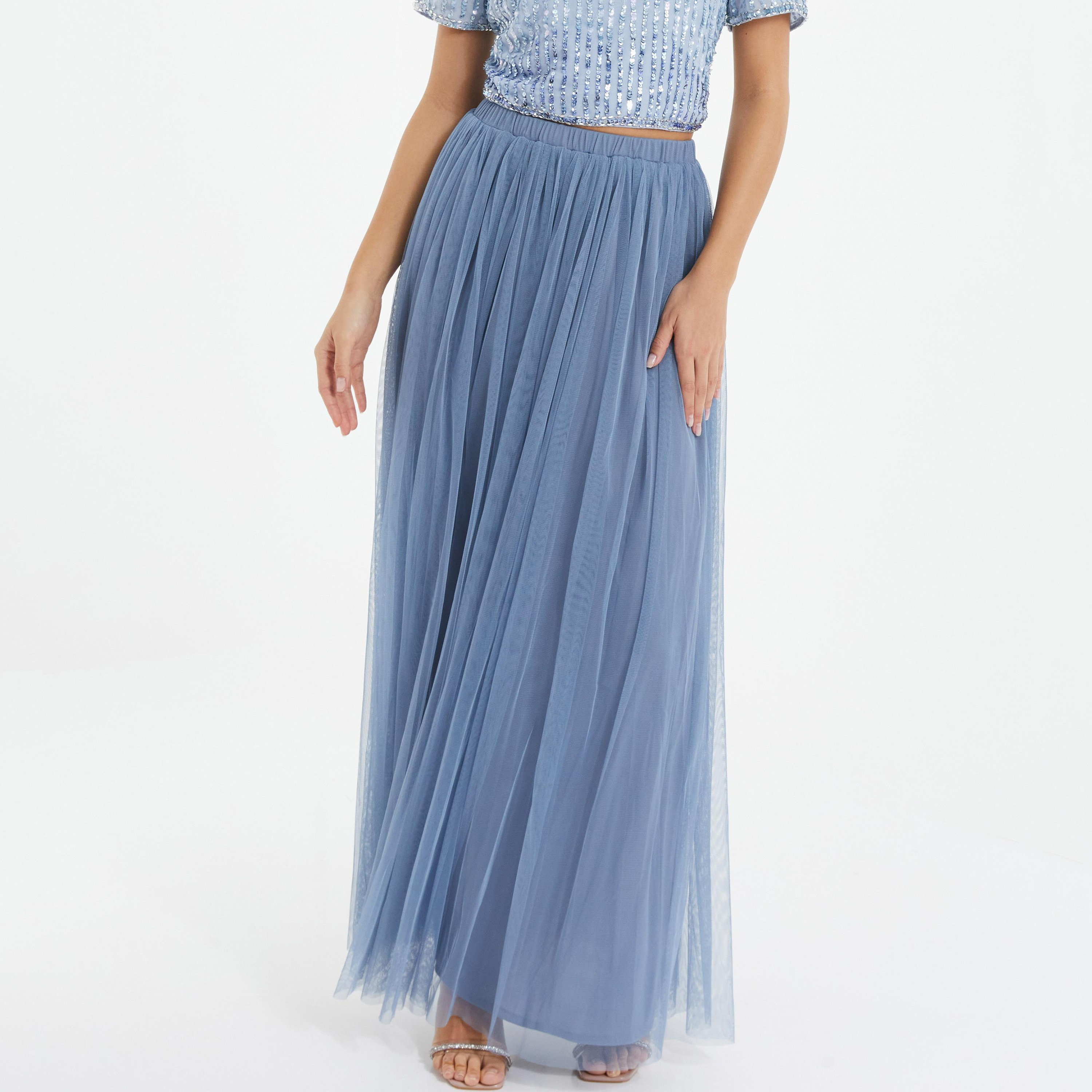 تنورة ماكسي شبكية بطيات من كويز-women-clothing-bottoms-skirts-image-1