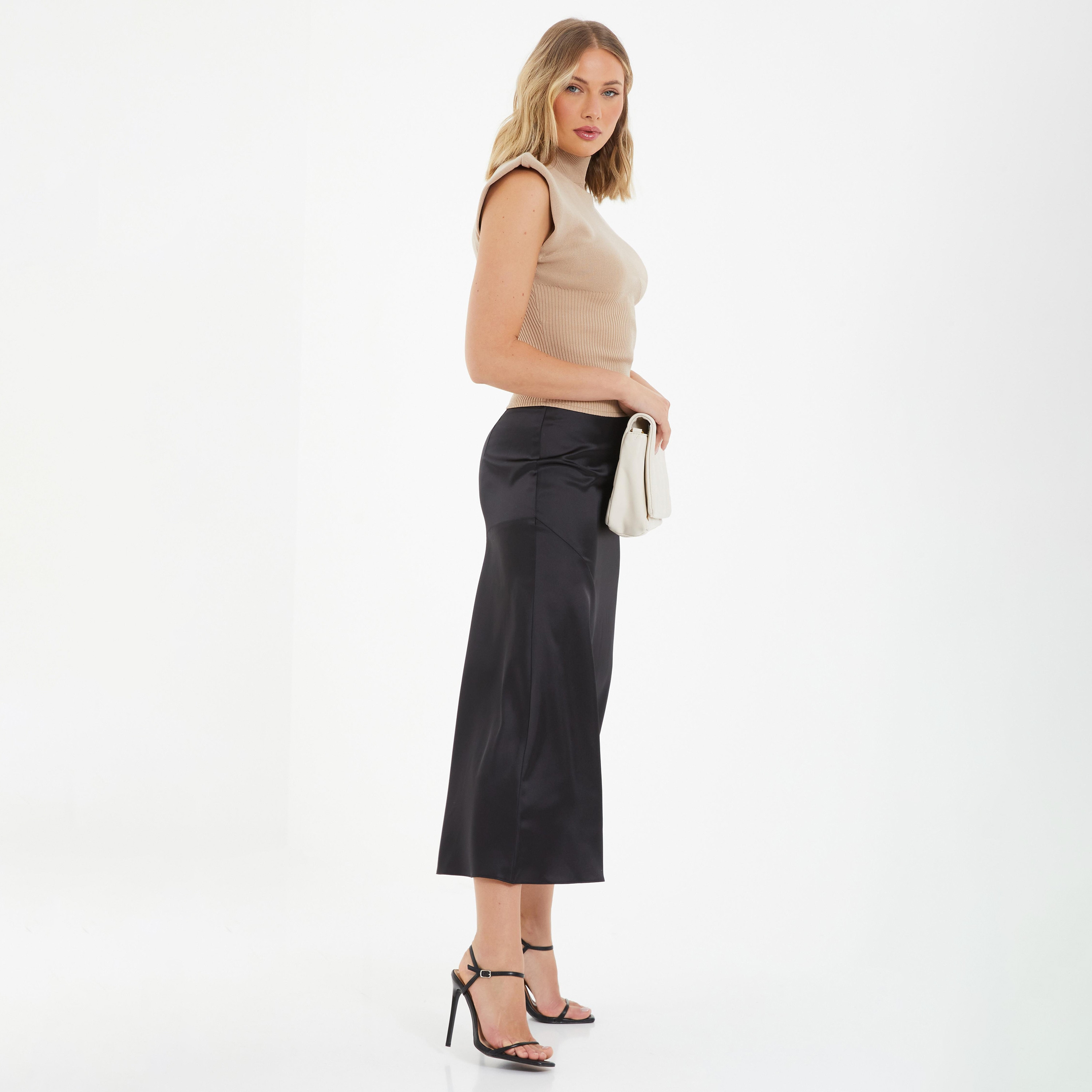 Buy Women s Quiz Satin Plain High Rise Midi Skirt with Back Zip Closure Online Centrepoint KSA