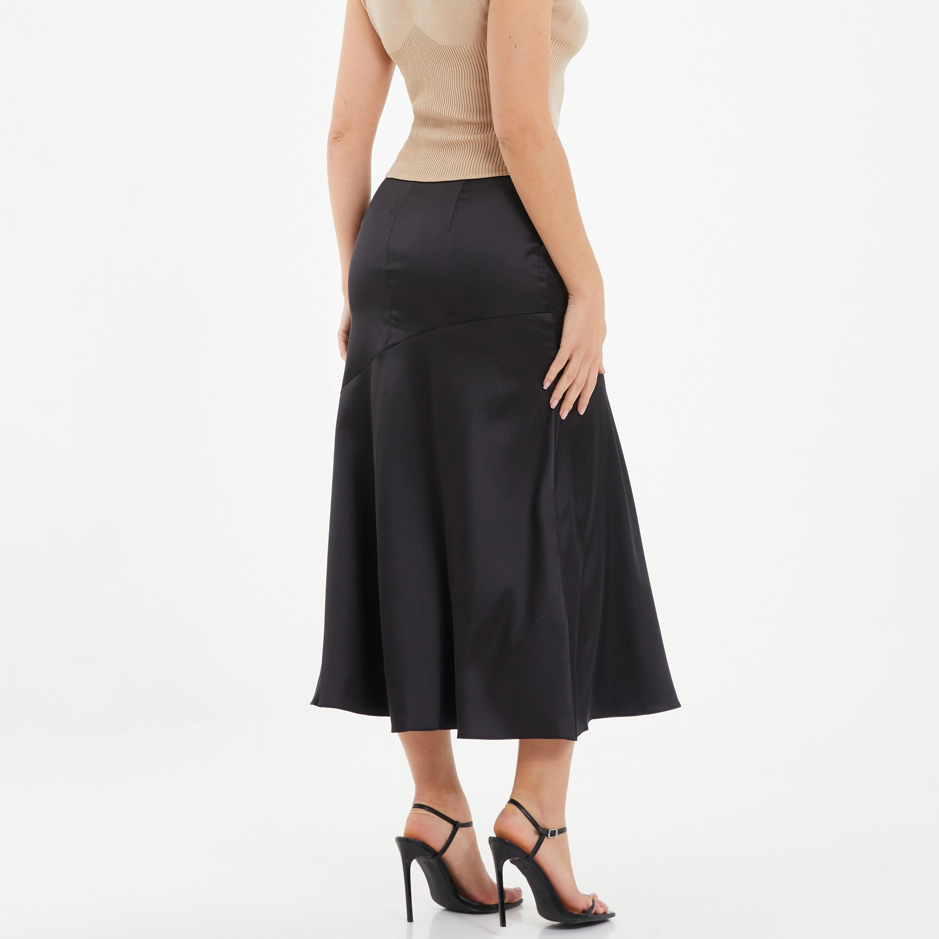 تنورة ميدي من كويز ساتان سادة متوسطة الارتفاع مع إغلاق بسحاب خلفي-women-clothing-bottoms-skirts-image-4