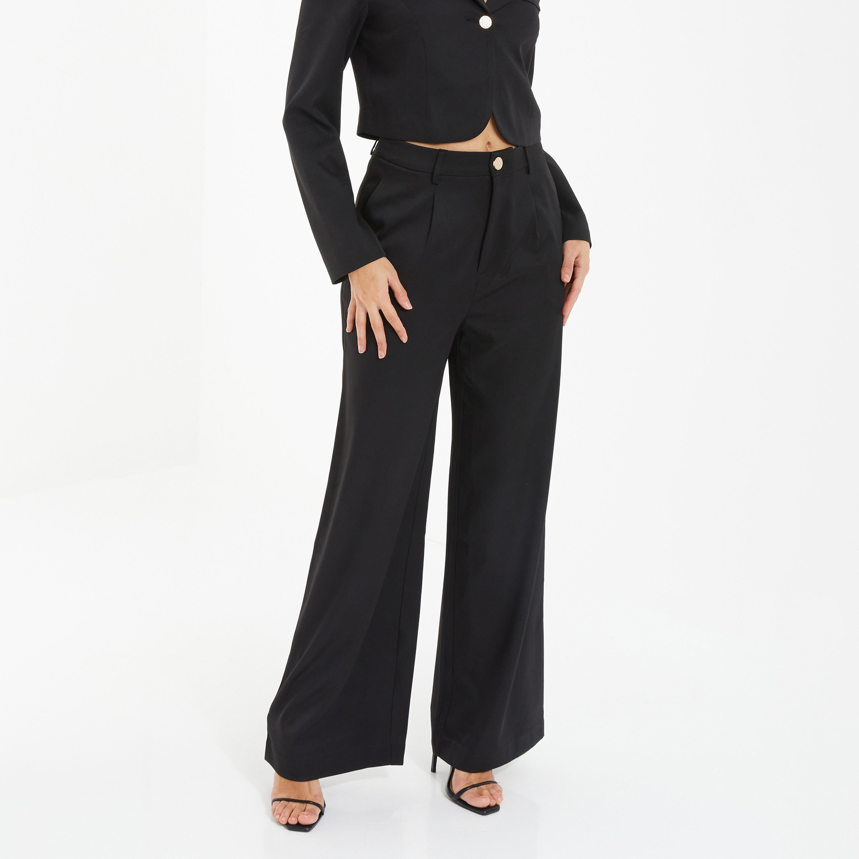 بنطلون سادة واسع الساق من كويز -women-clothing-bottoms-trousers-image-1