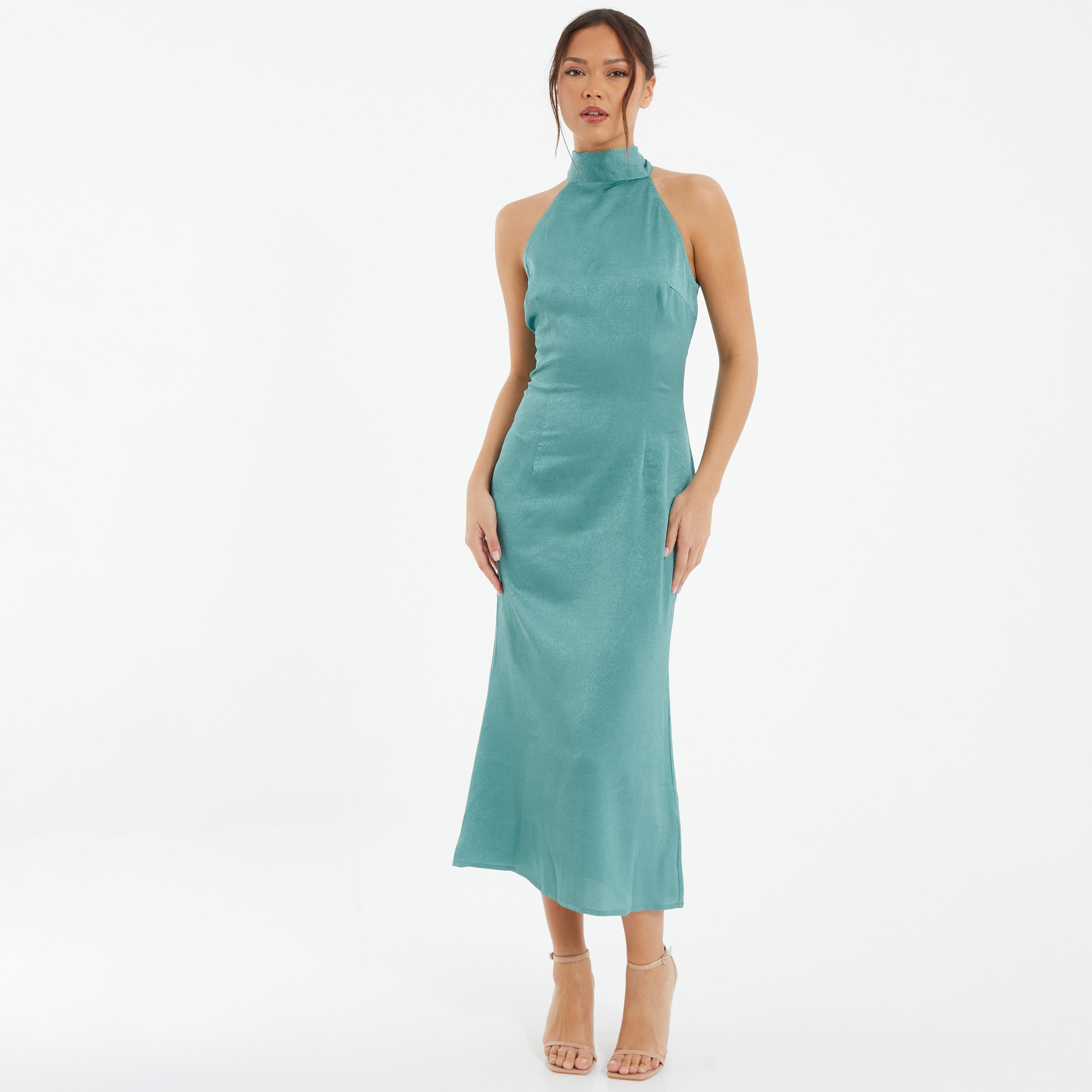 فستان ميدي بياقة رسن ذو تكسثرد من كويز ساتان-women-clothing-dresses-image-1