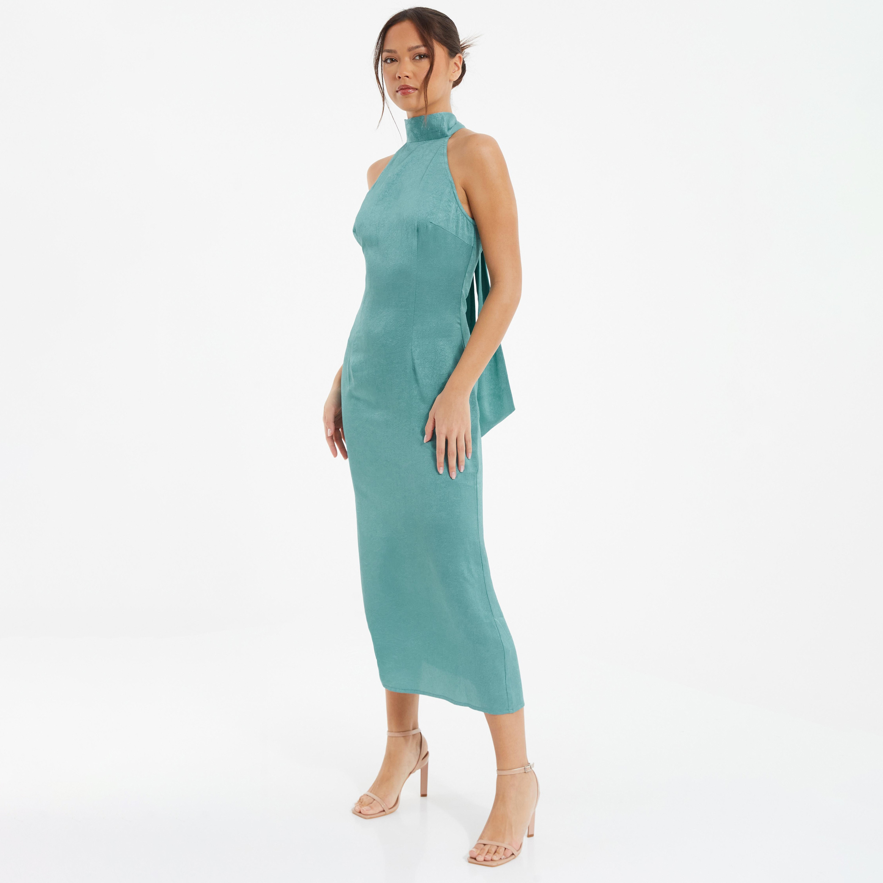 فستان ميدي بياقة رسن ذو تكسثرد من كويز ساتان-women-clothing-dresses-image-2