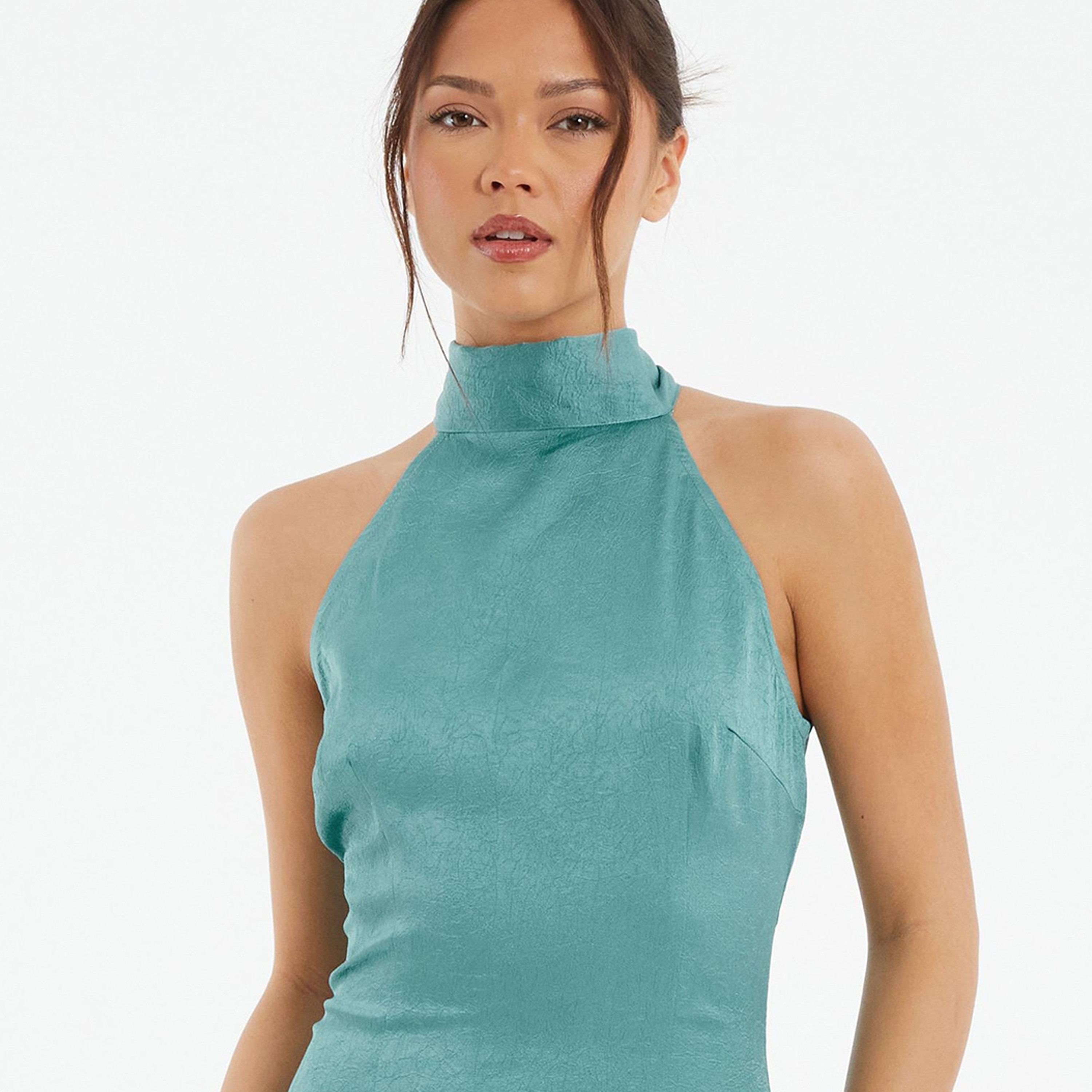 فستان ميدي بياقة رسن ذو تكسثرد من كويز ساتان-women-clothing-dresses-image-3