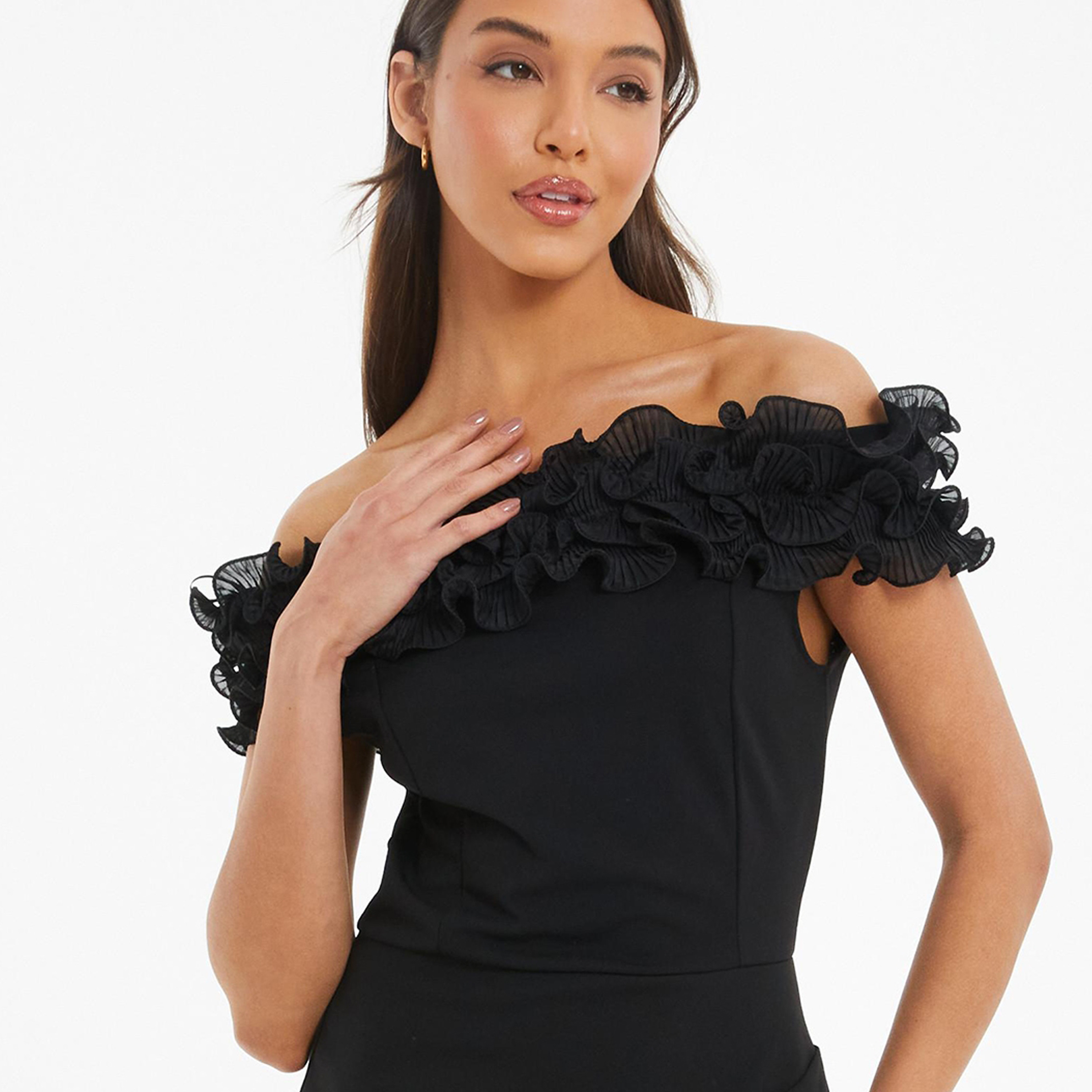 Quiz Ruffle Bardot Neck Slit Maxi Dress