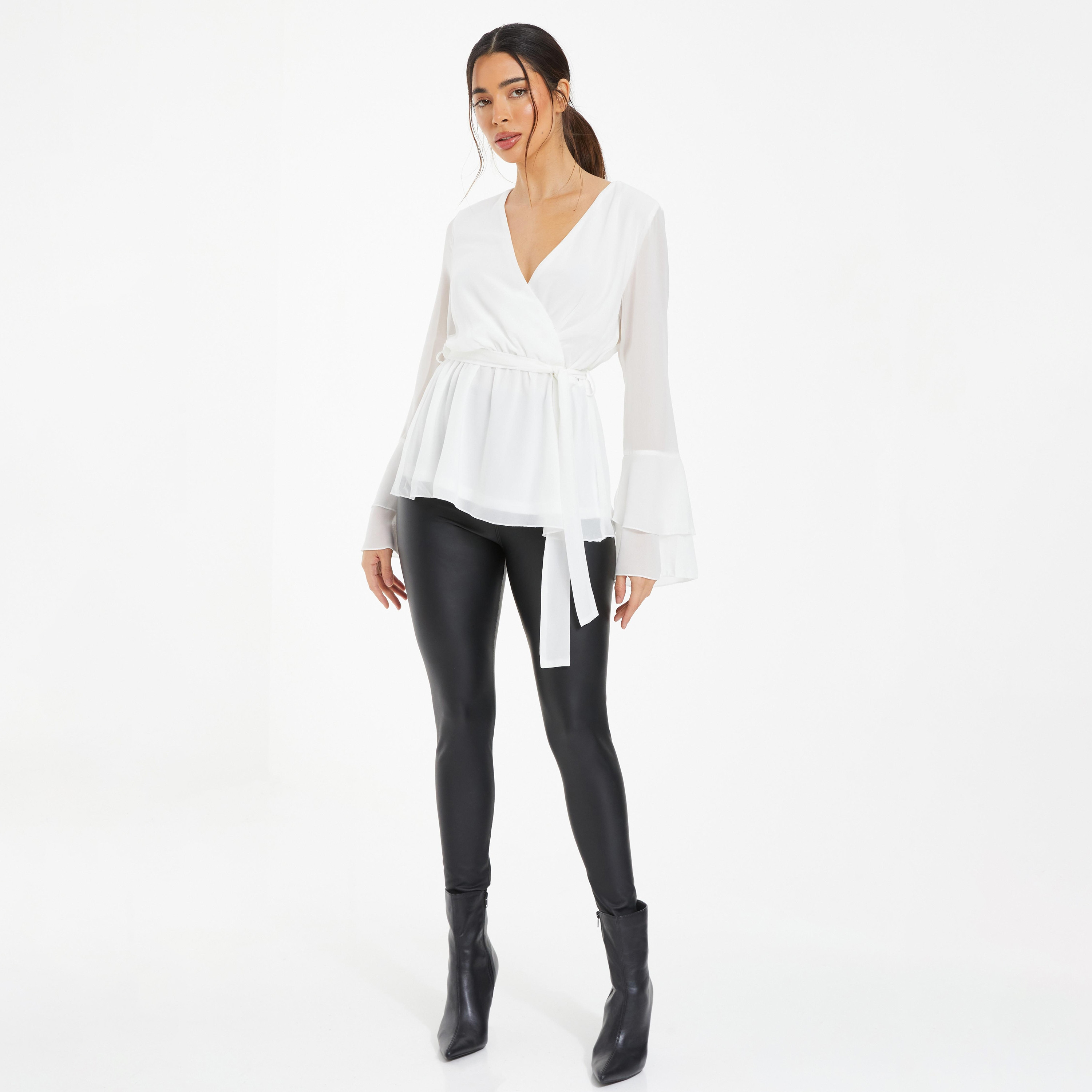 Quiz Plain V-Neck Fluted Sleeves Wrap Top with Tie-Up Belt-women-clothing-shirtsandblouses-blouses-image-2