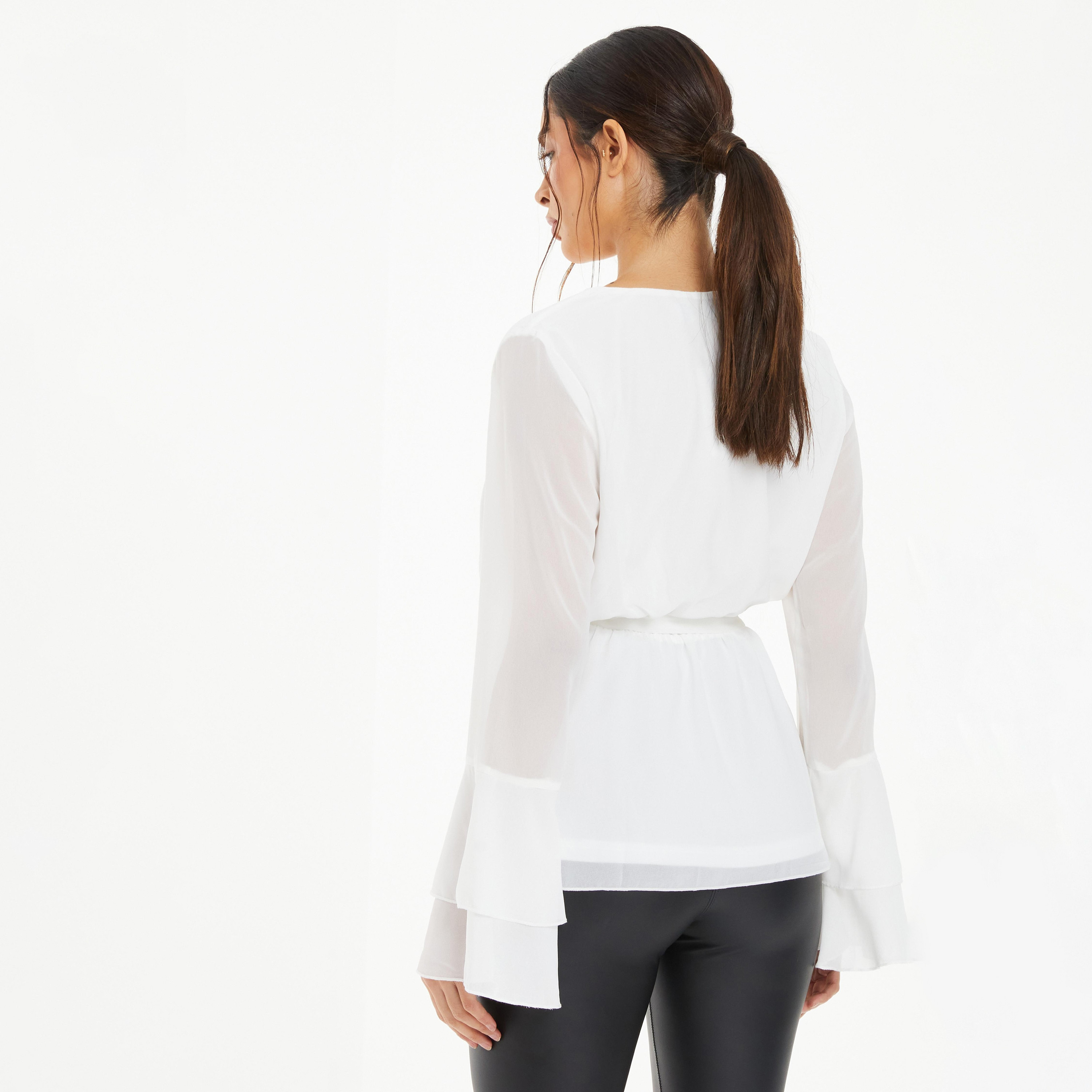 Quiz Plain V-Neck Fluted Sleeves Wrap Top with Tie-Up Belt-women-clothing-shirtsandblouses-blouses-image-4