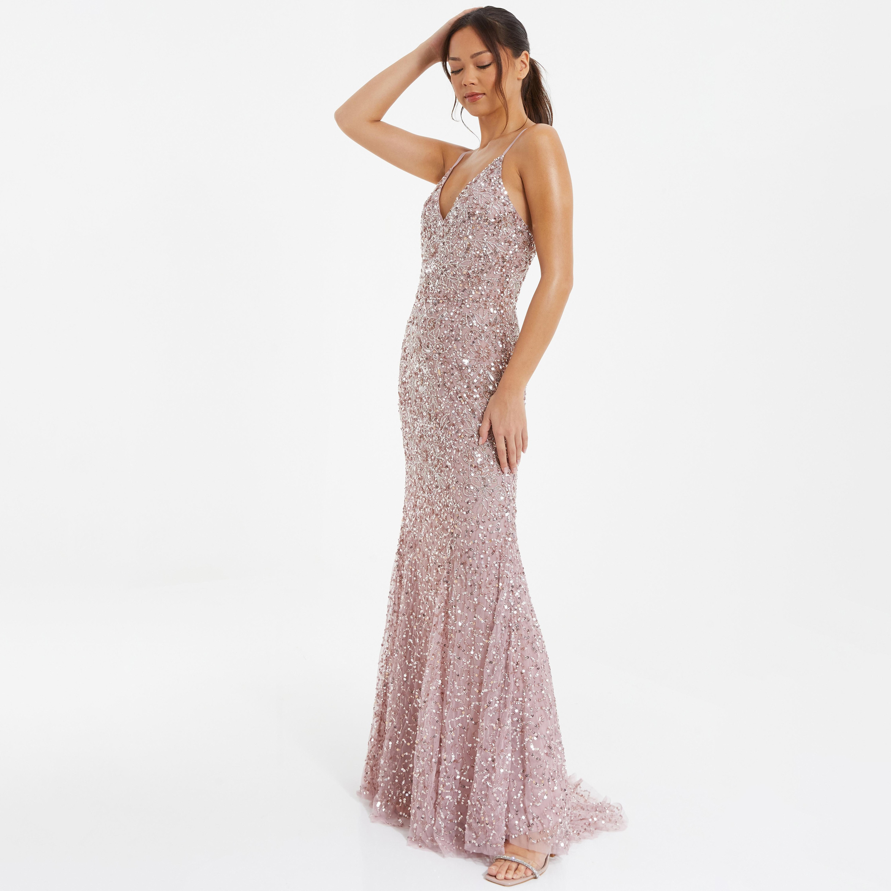 فستان ماكسي مزين بسيكونس ومنمق بحزام كتف من كويز-women-clothing-dresses-image-2