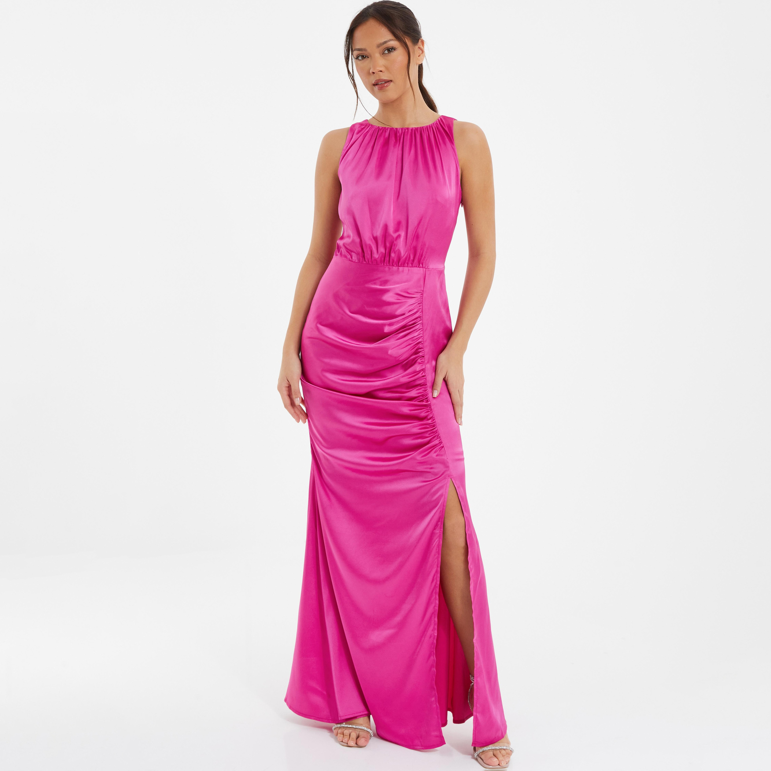 فستان مكسي بفتحة رقبة مستديرة مع طيات من كويز ساتان-women-clothing-dresses-image-1