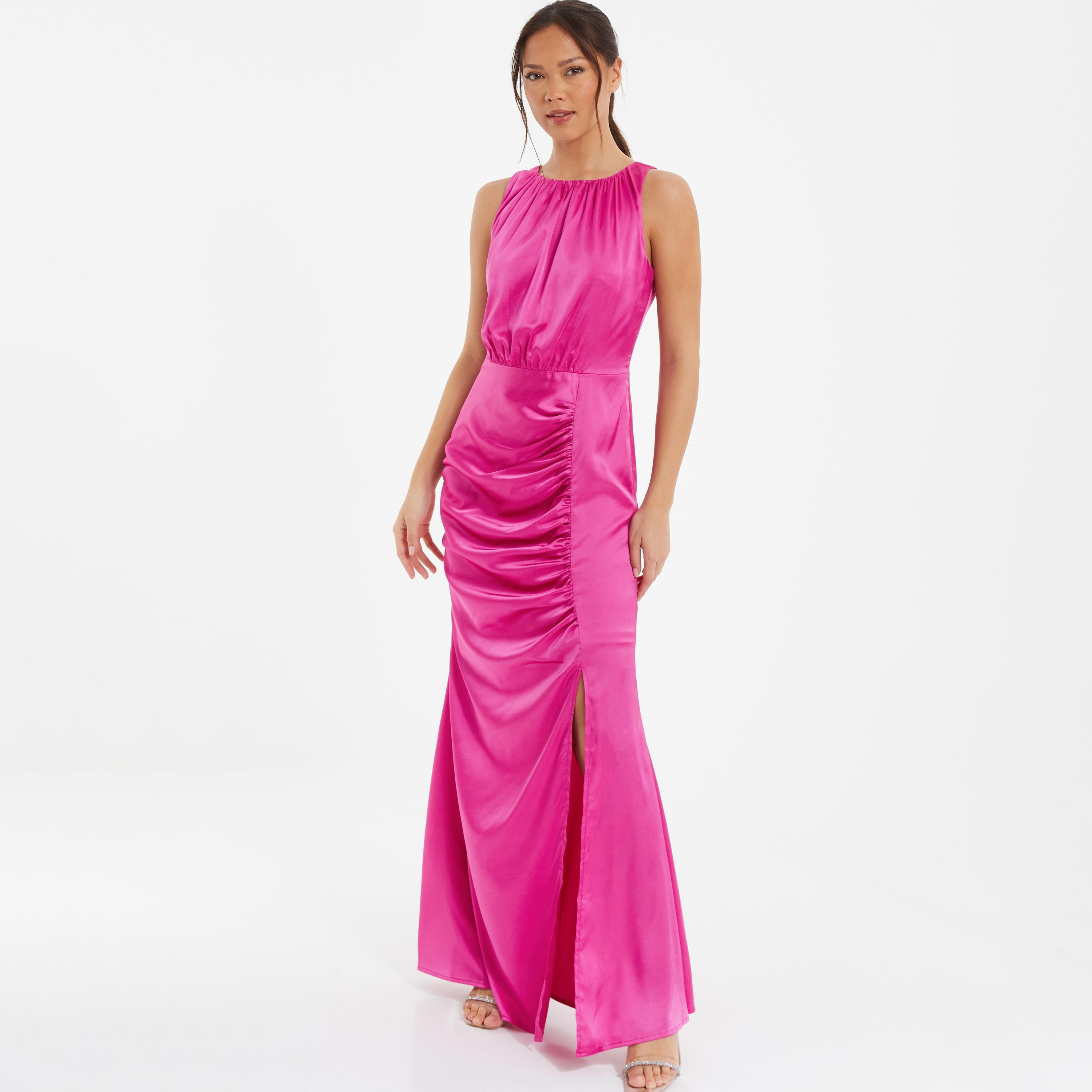 فستان مكسي بفتحة رقبة مستديرة مع طيات من كويز ساتان-women-clothing-dresses-image-2