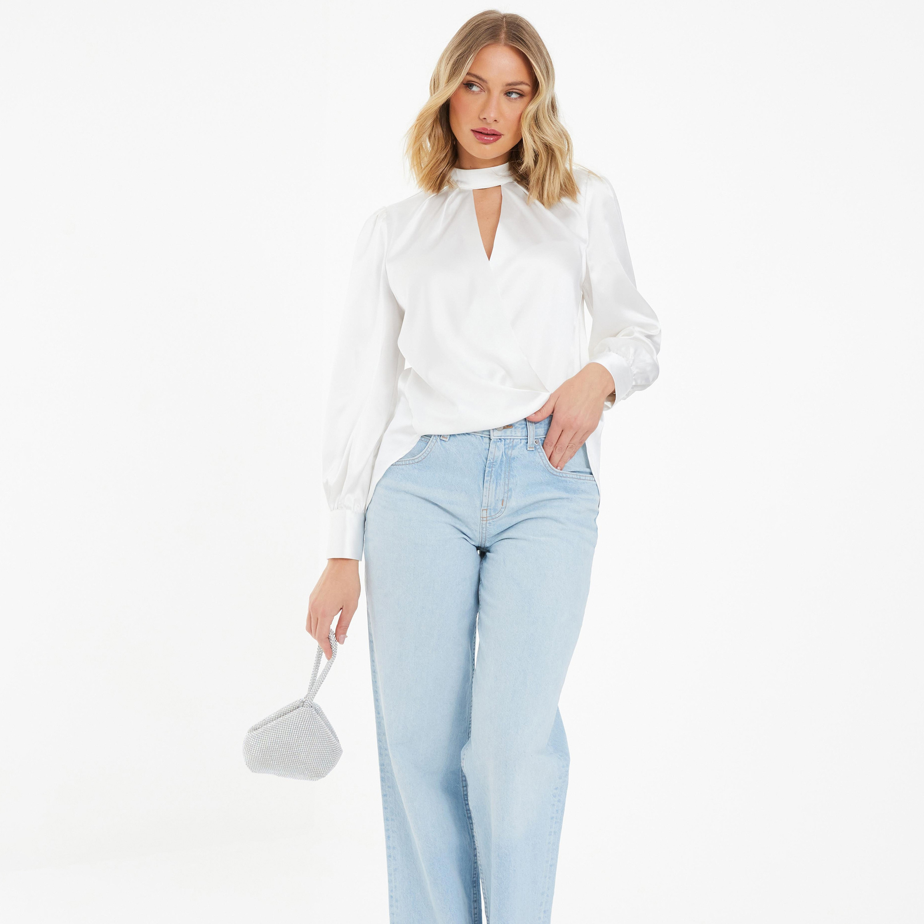بلوزة ملفوفة من كويز ساتان سادة بياقة على شكل ثقب المفتاح وأكمام بالون-women-clothing-shirtsandblouses-blouses-image-1