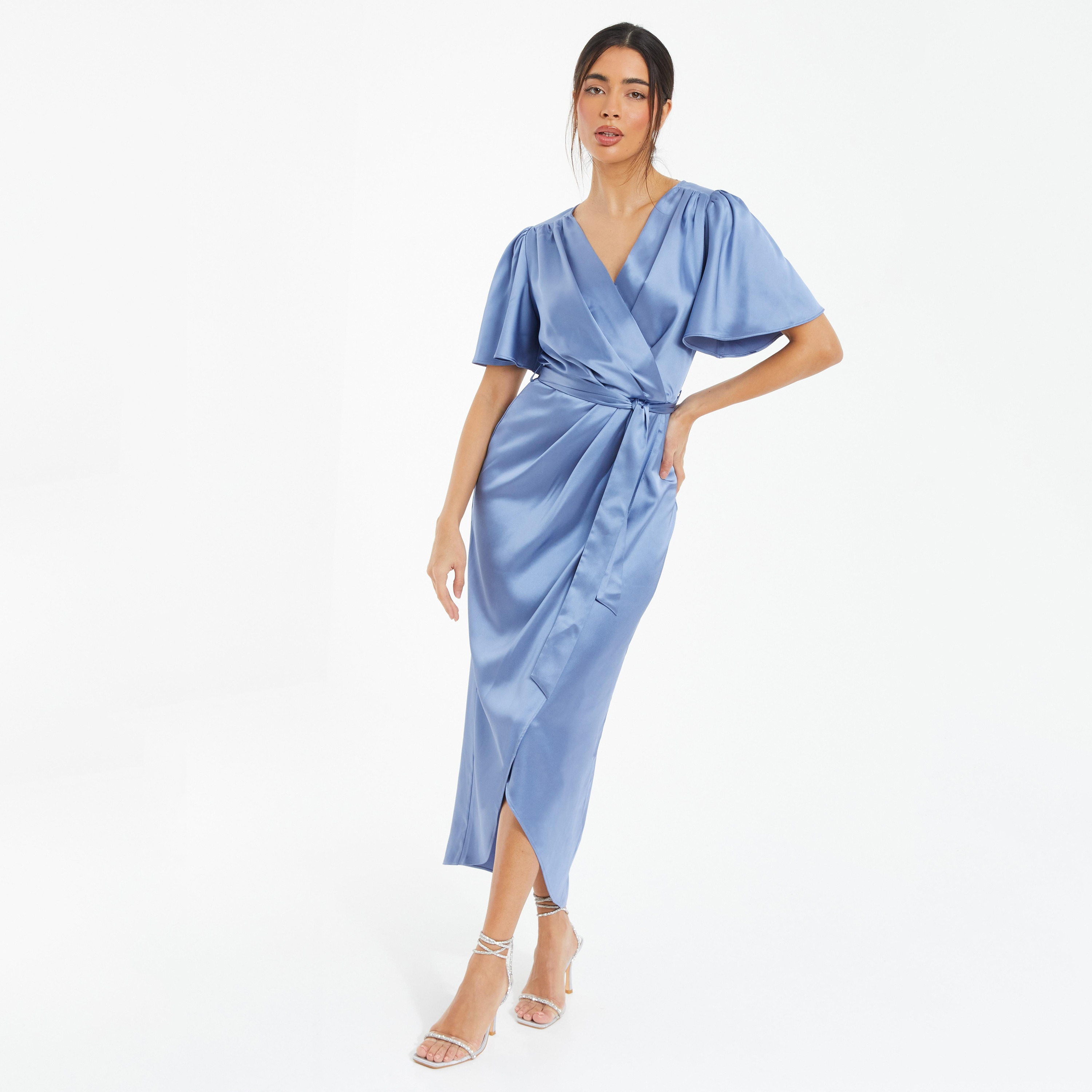 فستان ميدي ملفوف برقبة على شكل فى‎‎ سادة من كويز ساتان-women-clothing-dresses-image-1