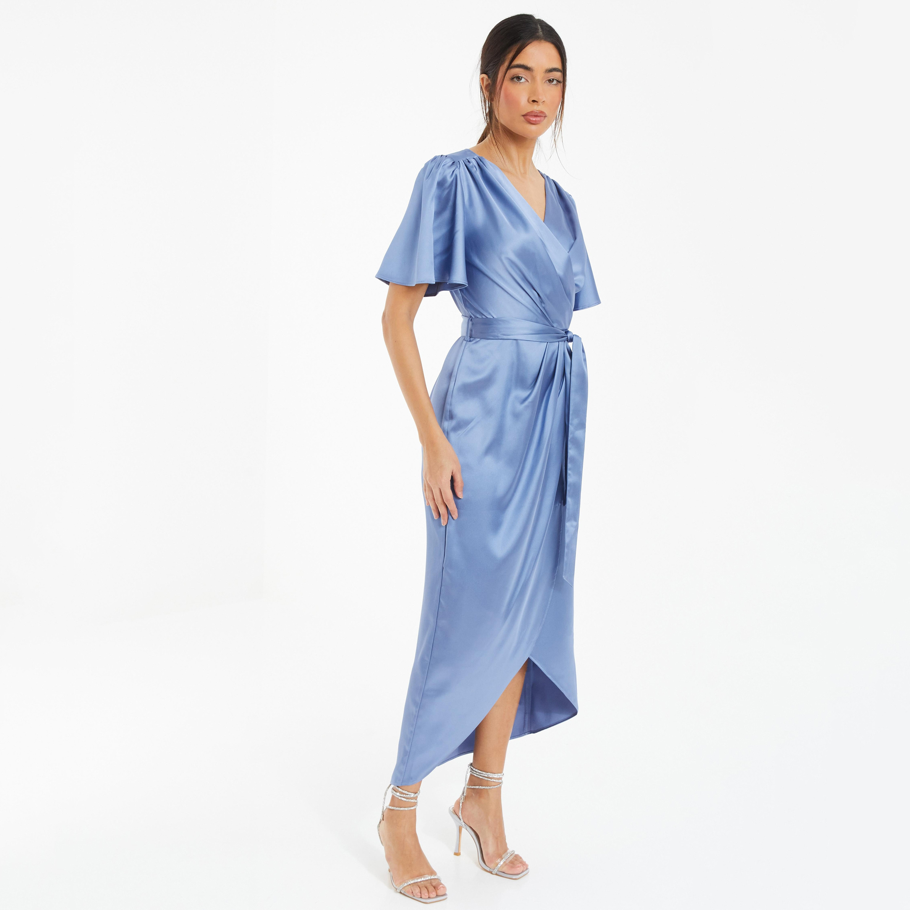فستان ميدي ملفوف برقبة على شكل فى‎‎ سادة من كويز ساتان-women-clothing-dresses-image-2