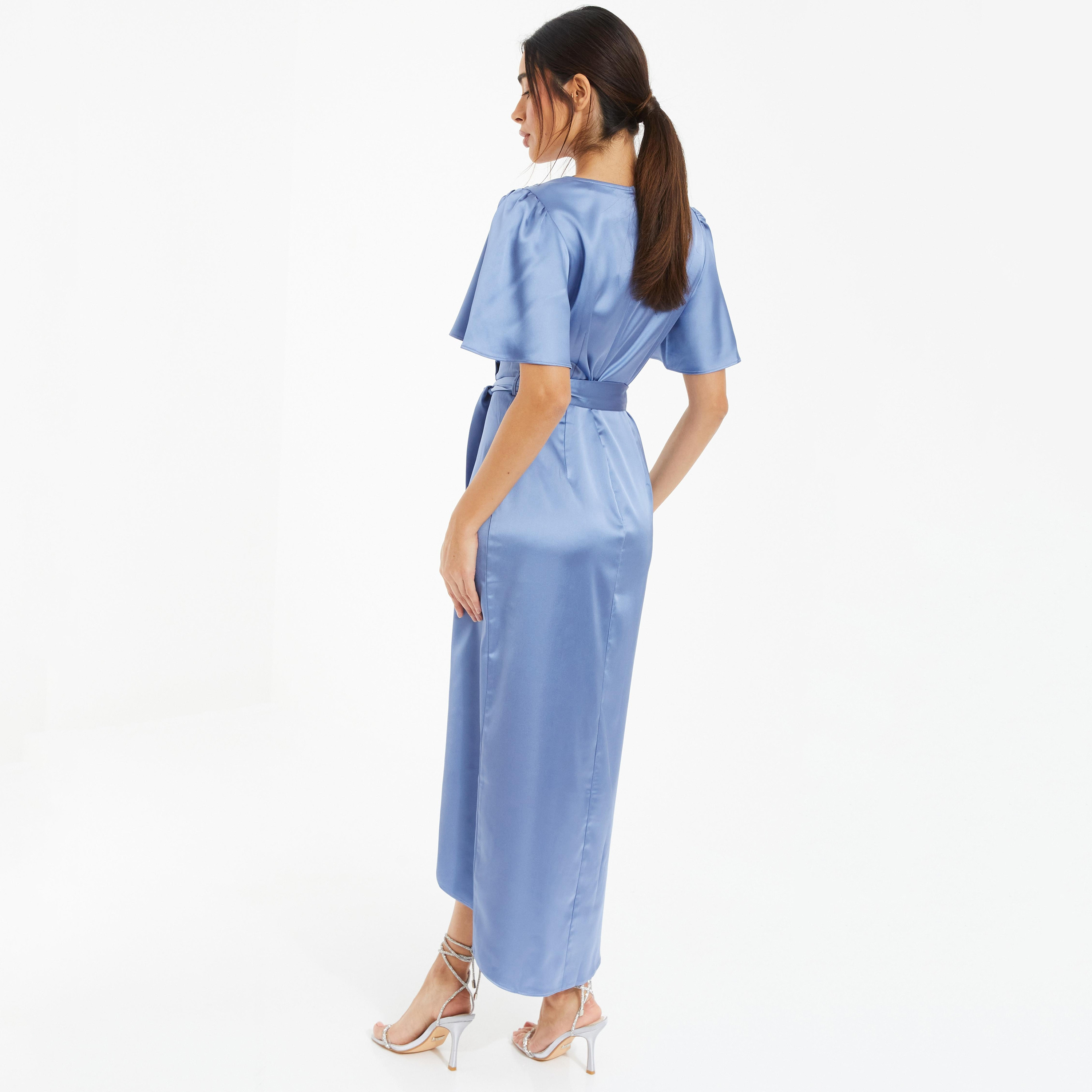 فستان ميدي ملفوف برقبة على شكل فى‎‎ سادة من كويز ساتان-women-clothing-dresses-image-4