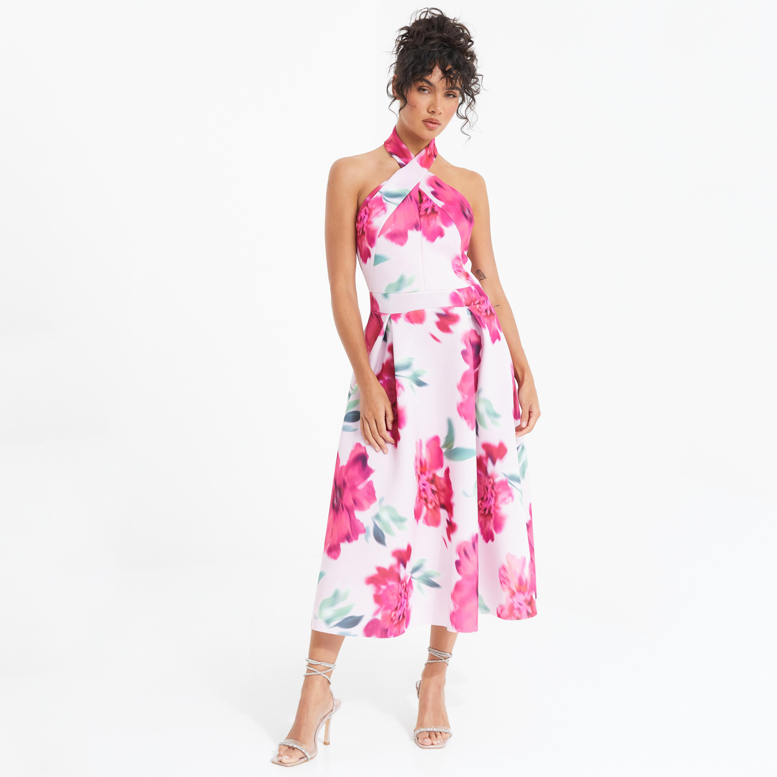Quiz Floral Halter Neck Skater Midi Dress-women-clothing-dresses-image-1