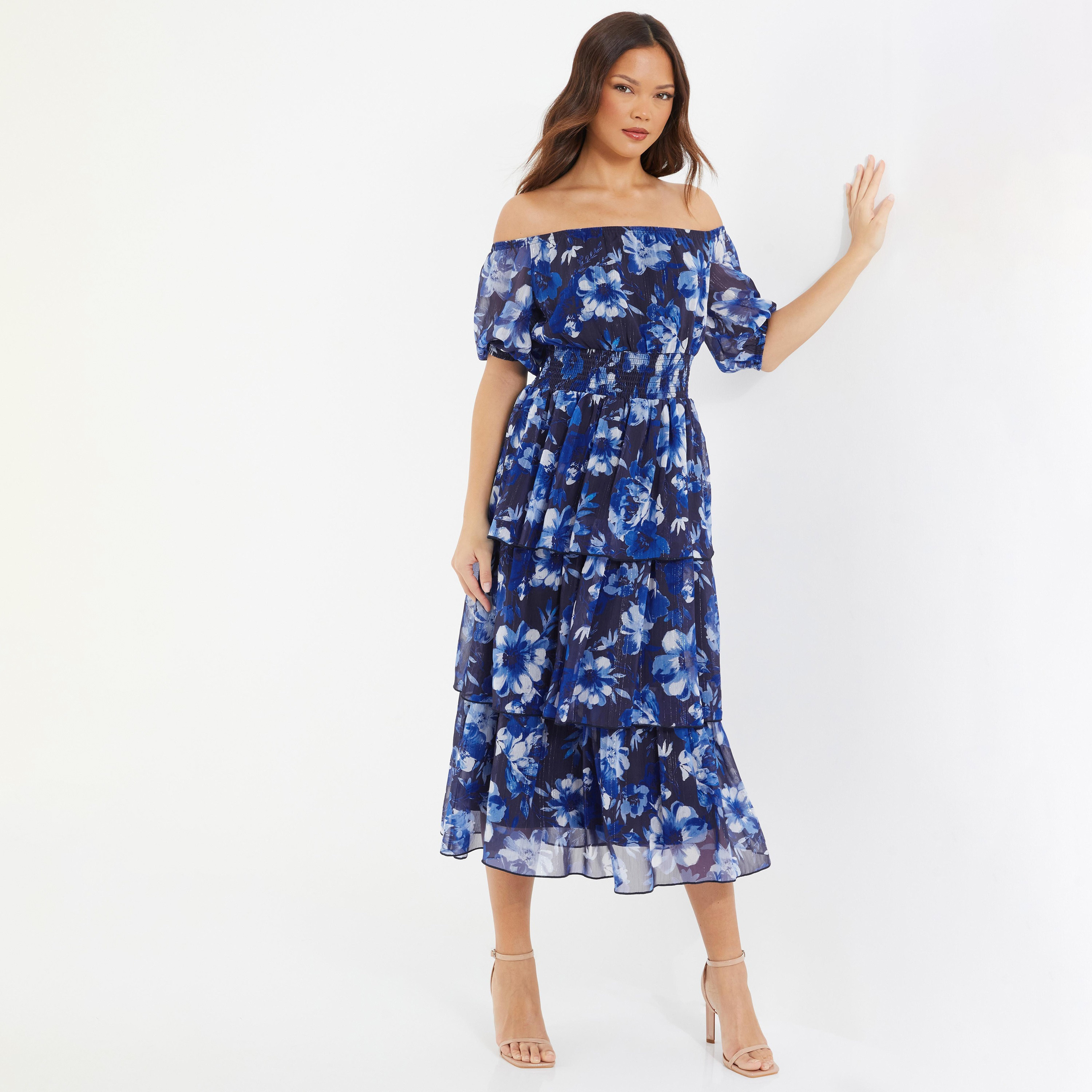 فستان متوسط ​​الطول بطبقات وأكمام مكشوفة ورقبة باردو من كويز -women-clothing-dresses-image-1