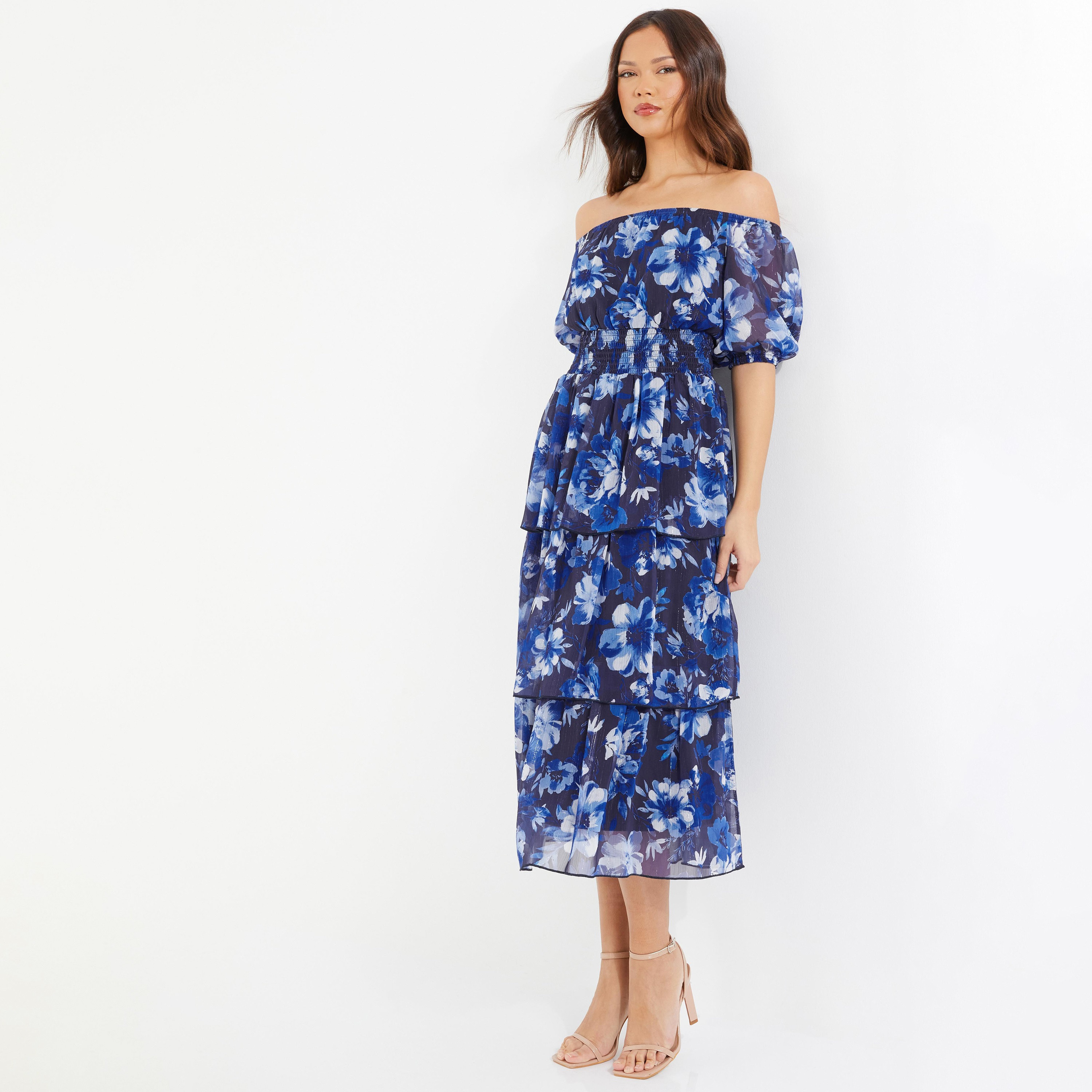 فستان متوسط ​​الطول بطبقات وأكمام مكشوفة ورقبة باردو من كويز -women-clothing-dresses-image-2