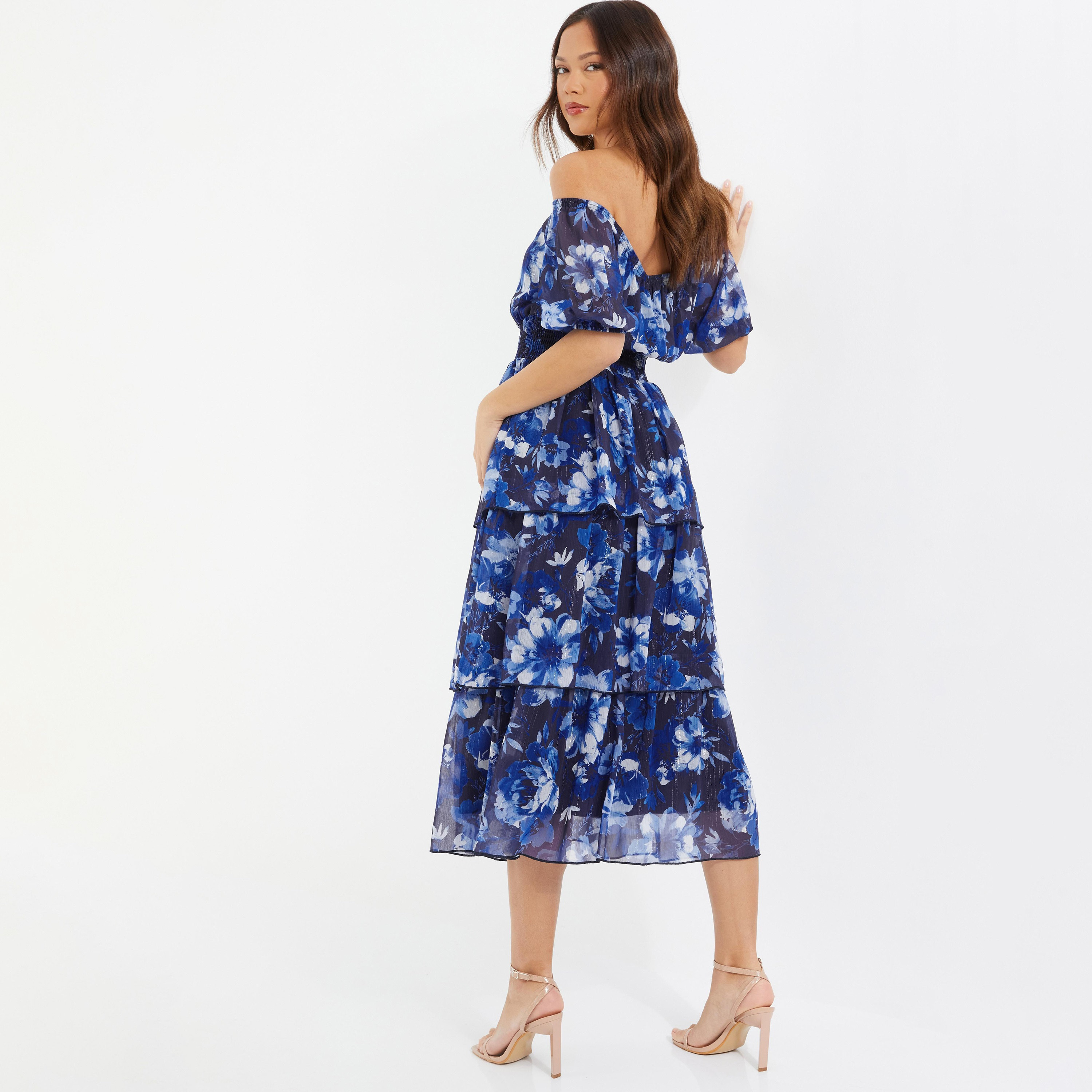 فستان متوسط ​​الطول بطبقات وأكمام مكشوفة ورقبة باردو من كويز -women-clothing-dresses-image-4