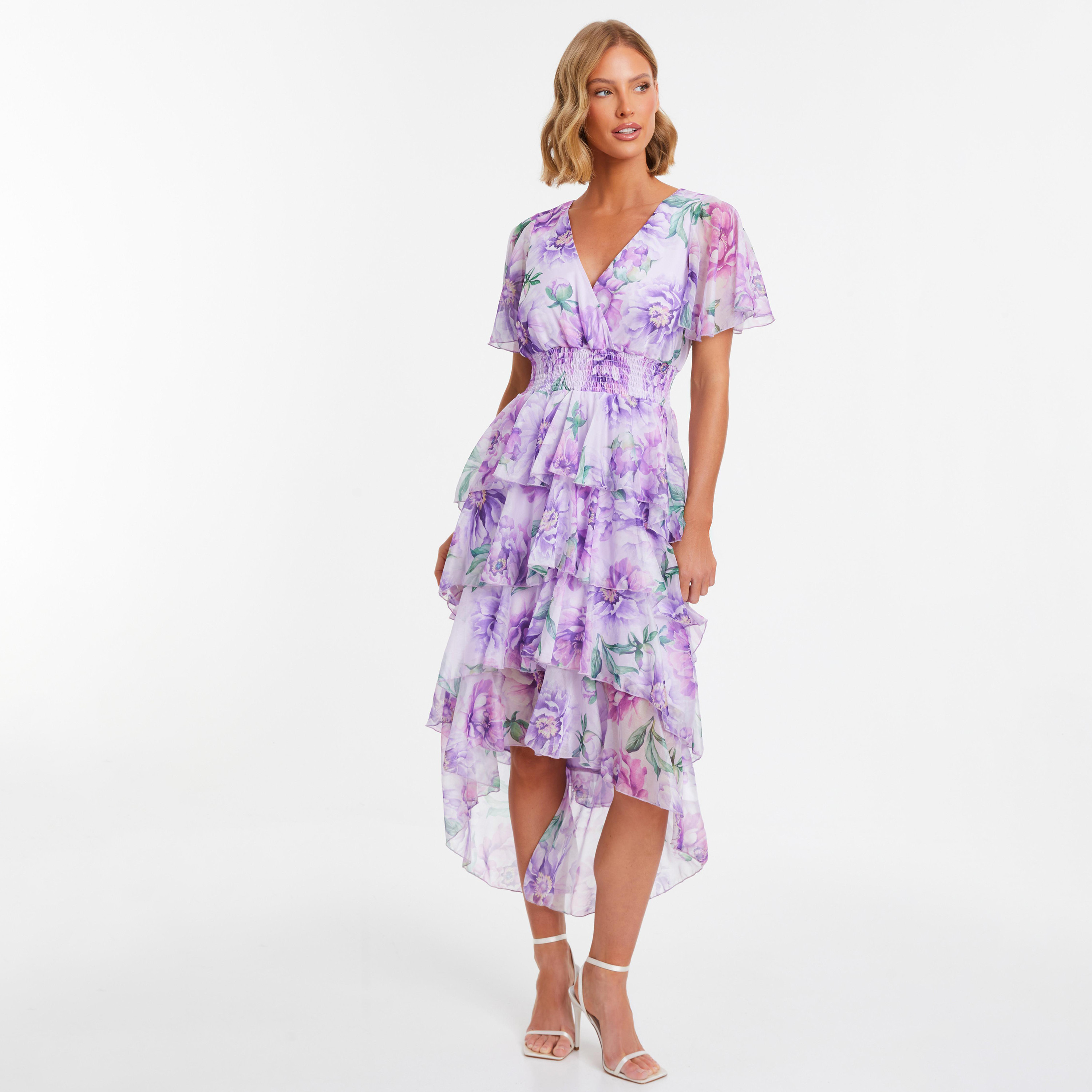 فستان ميدي ذو متعدد الطبقات برقبة على شكل فى بطبعة الزهور من كويز-women-clothing-dresses-image-1