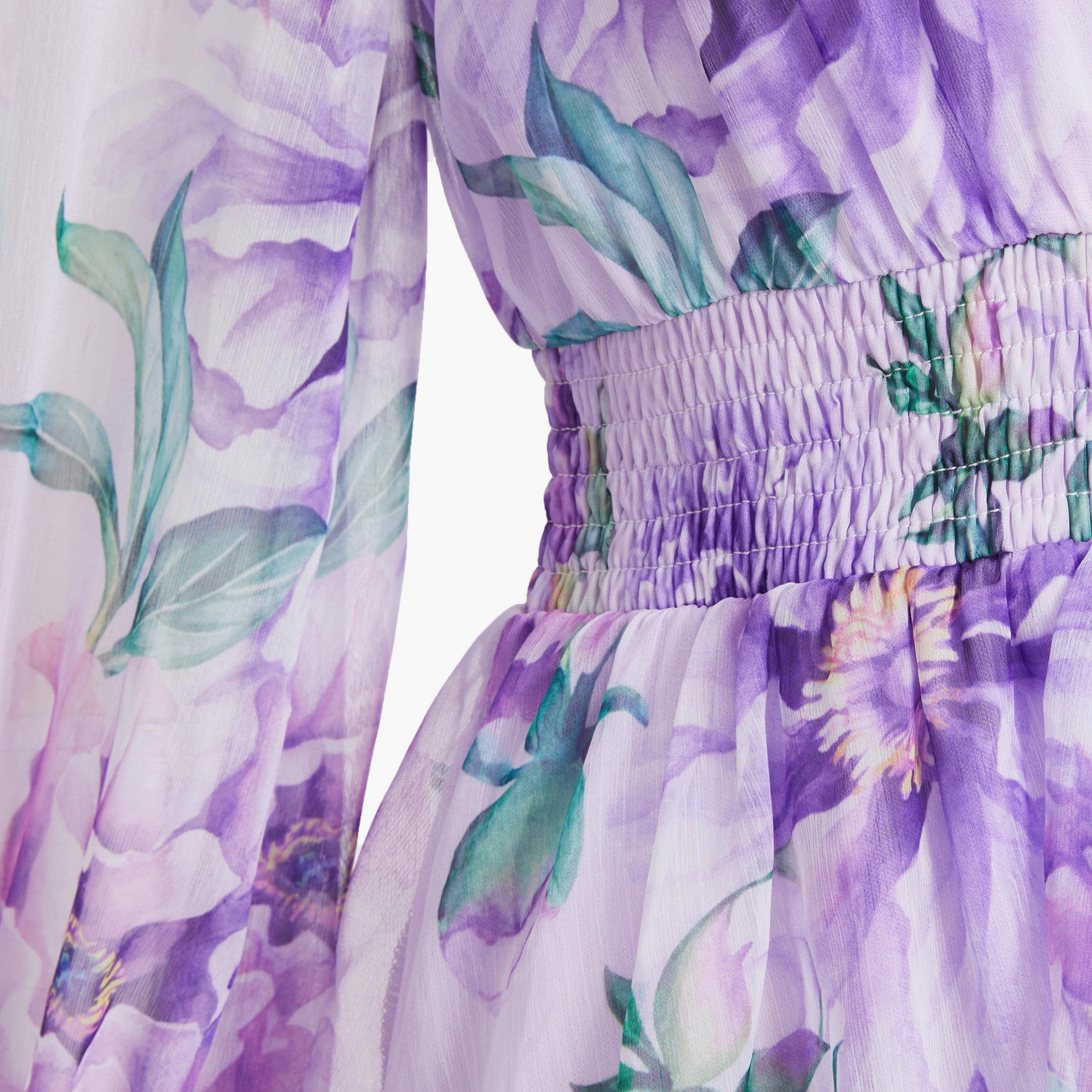 فستان قصير متزلج بياقة على شكل فى مع زهري من كويز-women-clothing-dresses-image-3