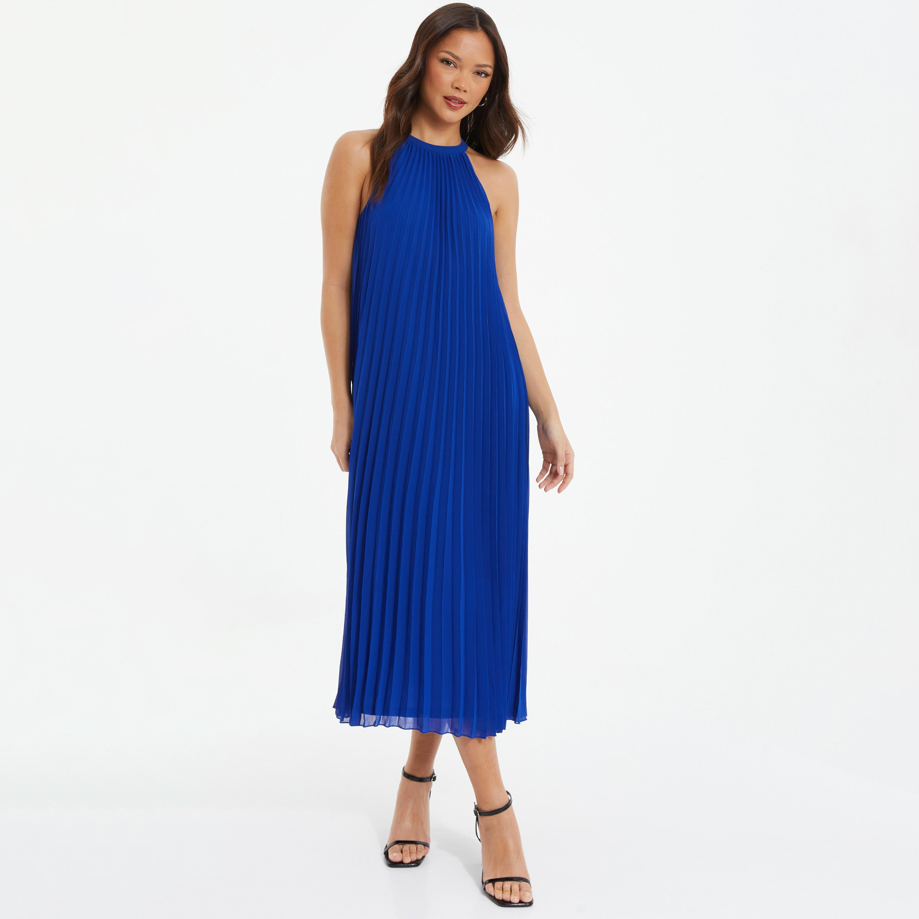 Quiz Plain Halter Neck Pleated Midi Dress-women-clothing-dresses-image-1