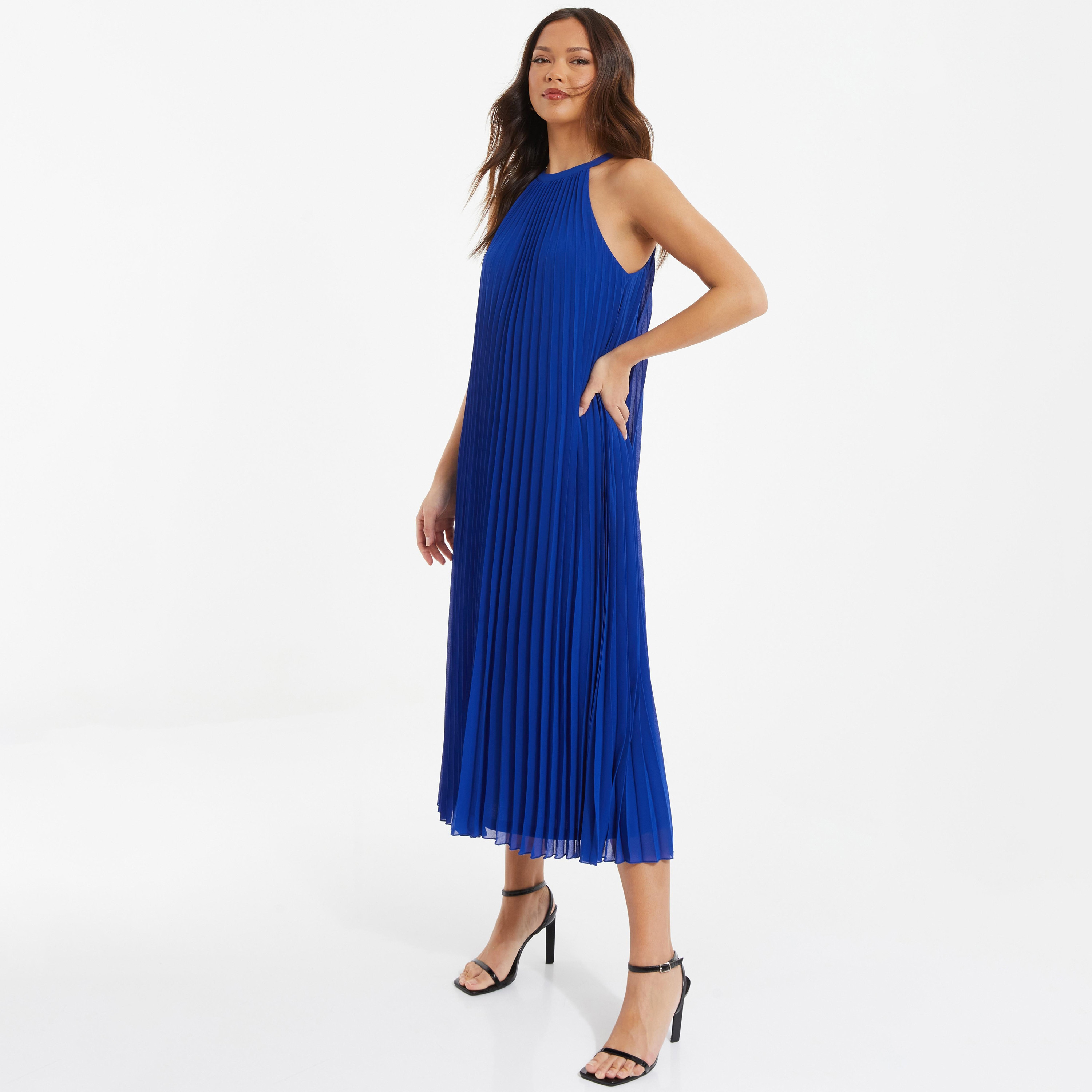 Quiz Plain Halter Neck Pleated Midi Dress-women-clothing-dresses-image-2
