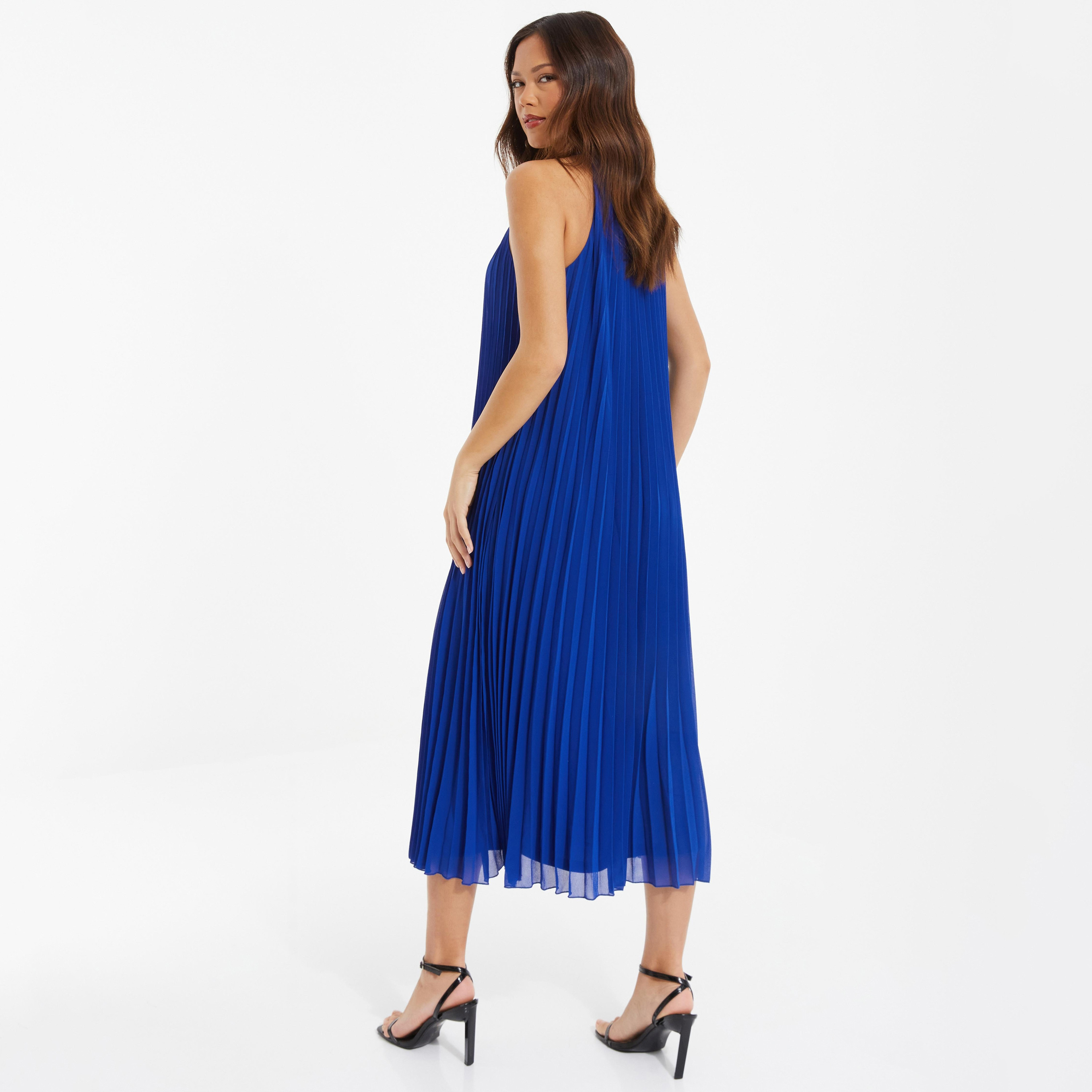 Quiz Plain Halter Neck Pleated Midi Dress-women-clothing-dresses-image-4