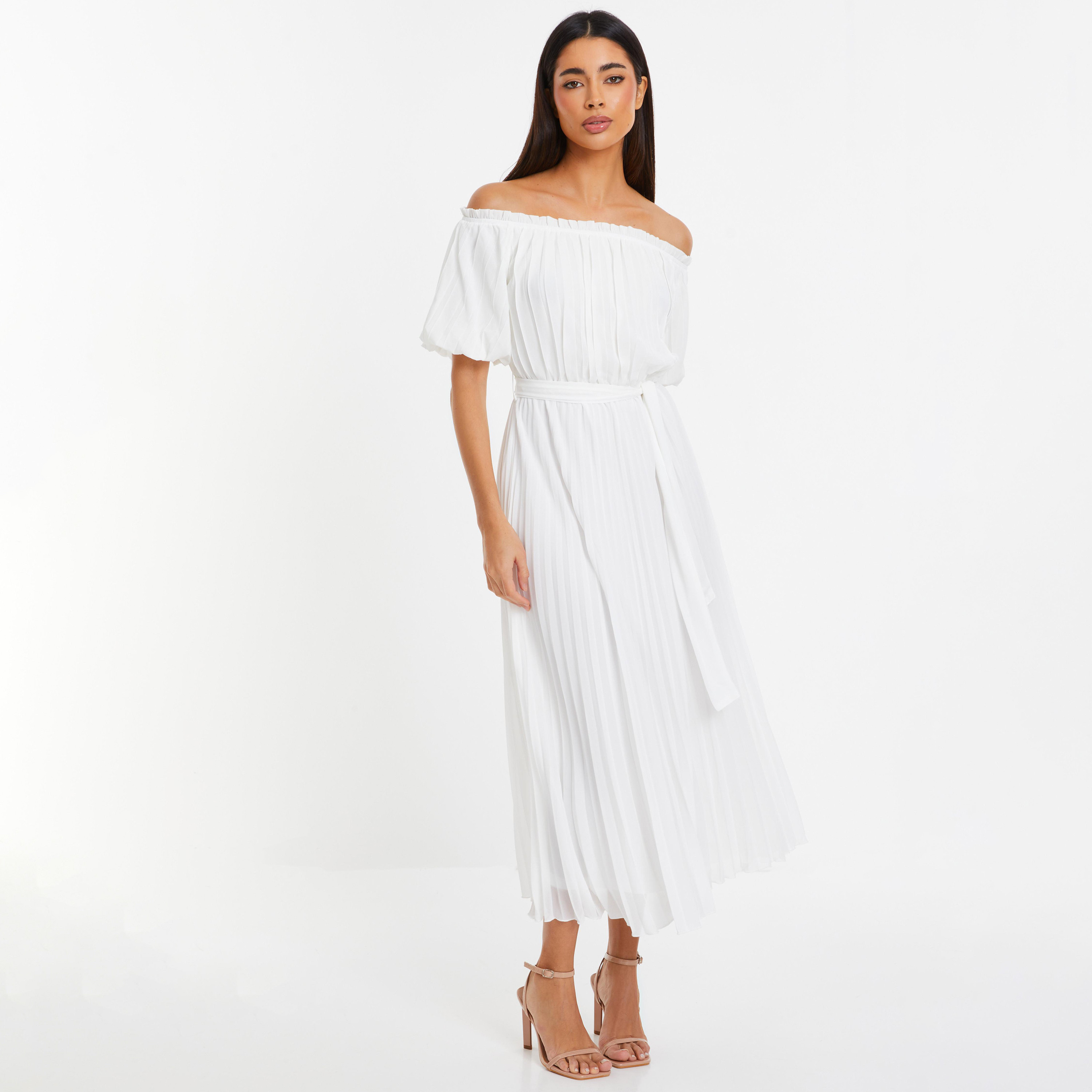 Quiz Pleated Bardot Neck Off Shoulder Midi Dress-women-clothing-dresses-image-1