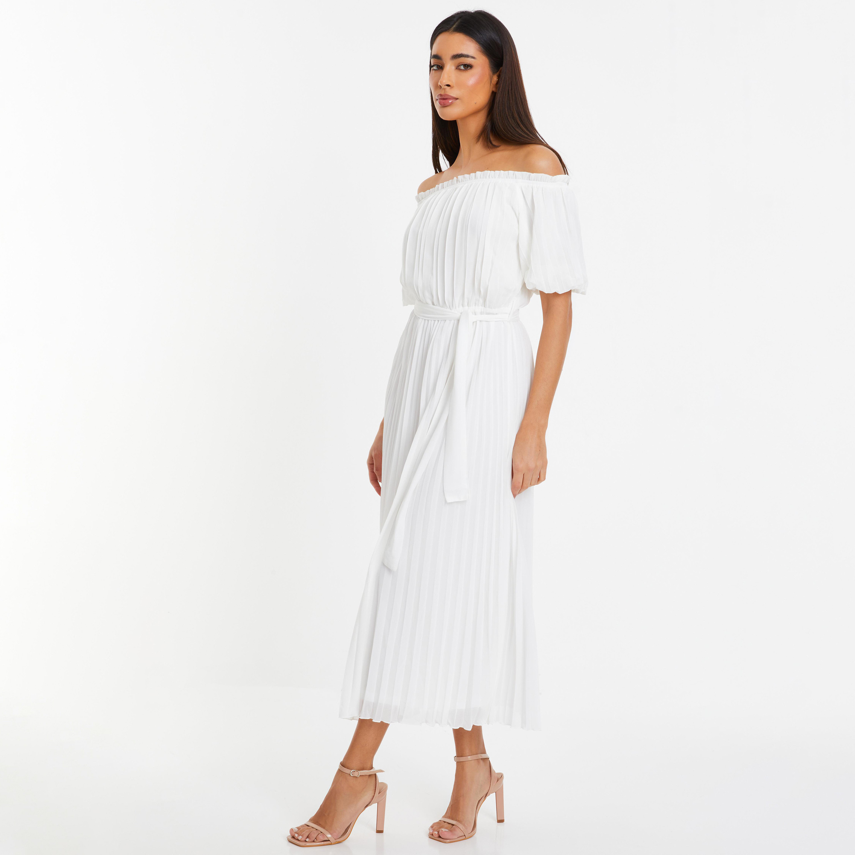 Quiz Pleated Bardot Neck Off Shoulder Midi Dress-women-clothing-dresses-image-2