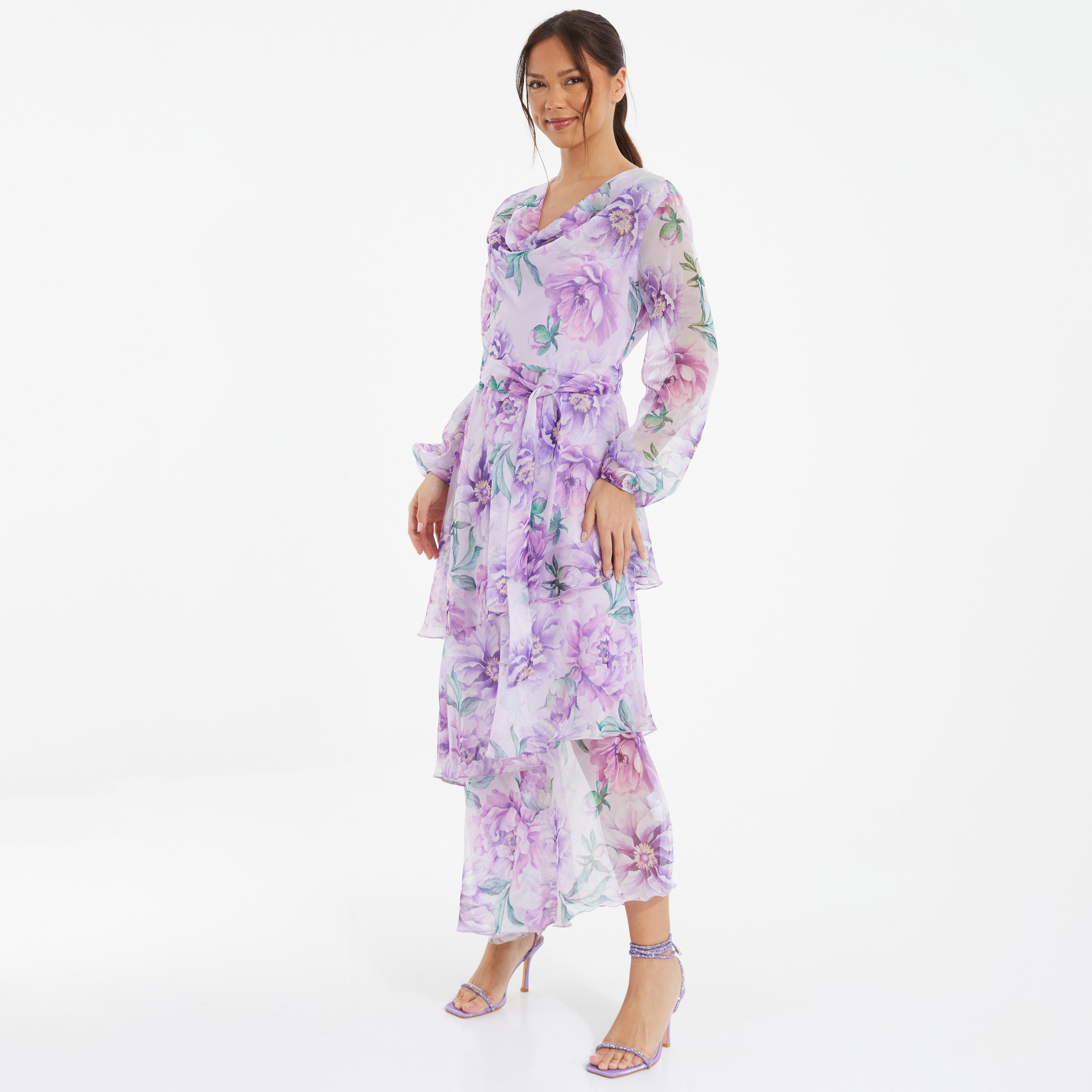فستان مكسي بطبقات ورقبة متدلية وطبعة زهور من كويز-women-clothing-dresses-image-1