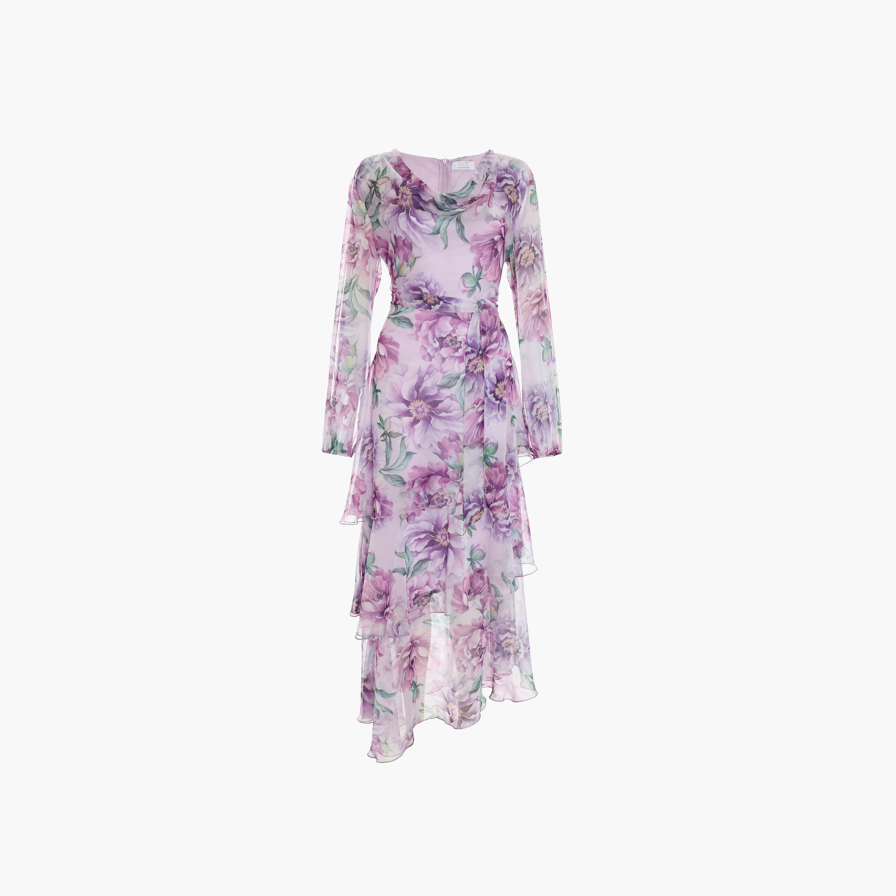 فستان مكسي بطبقات ورقبة متدلية وطبعة زهور من كويز-women-clothing-dresses-image-3