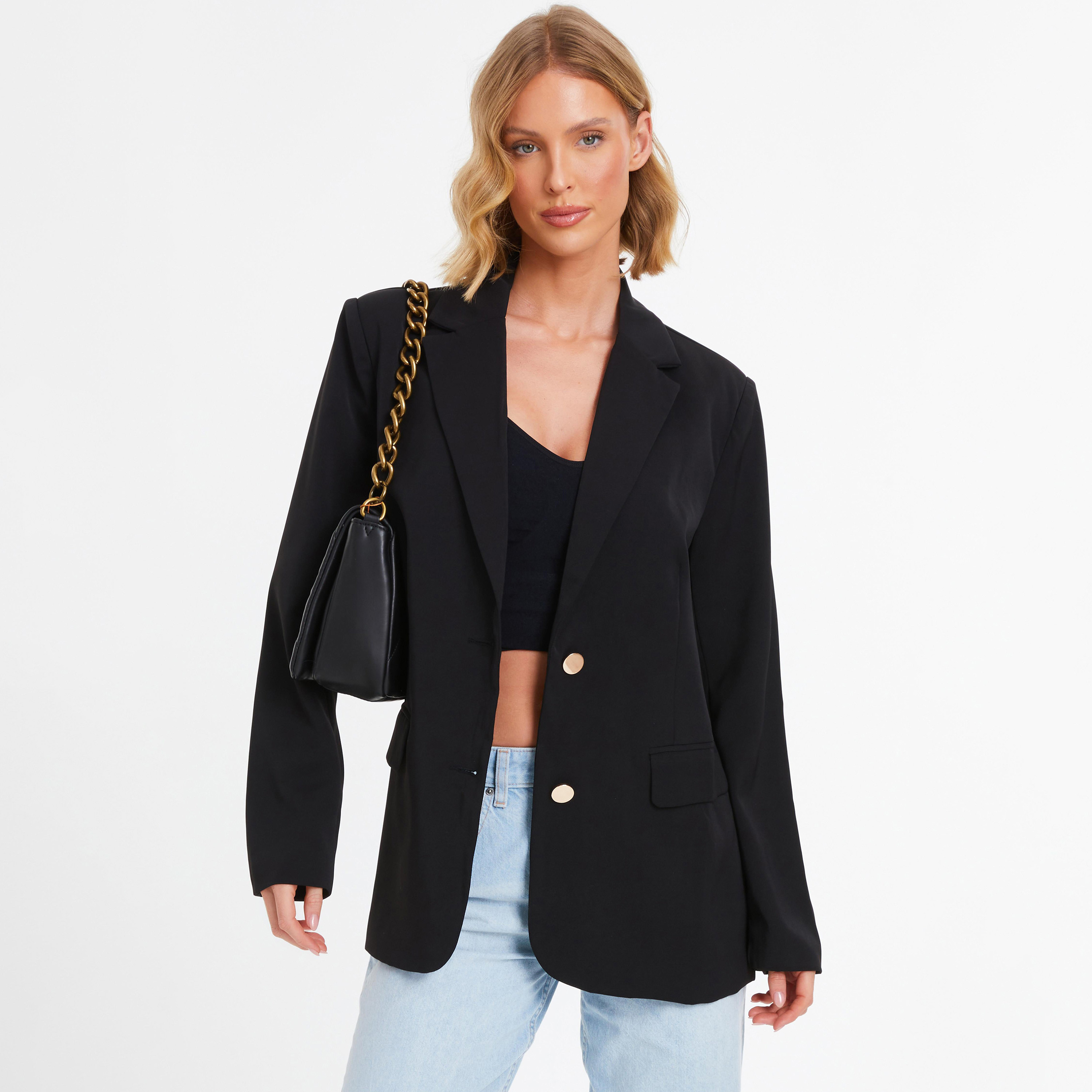 جاكيت بليزر بياقة مستديرة سادة من كويز-women-clothing-coatsandjackets-blazers-image-1