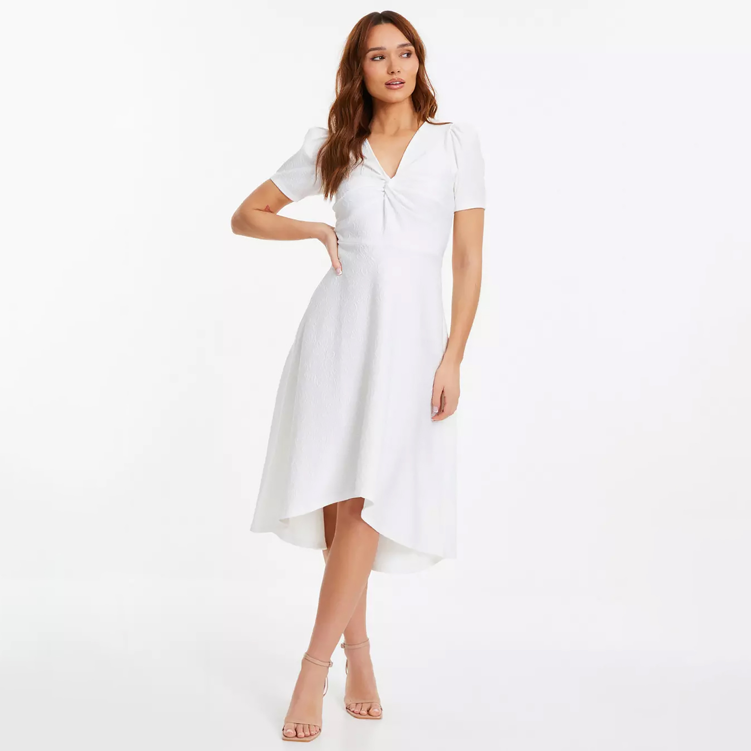 Quiz White Puff Sleeves Textured Dip Hem Midi Dress in Jacquard-women-clothing-dresses-image-1